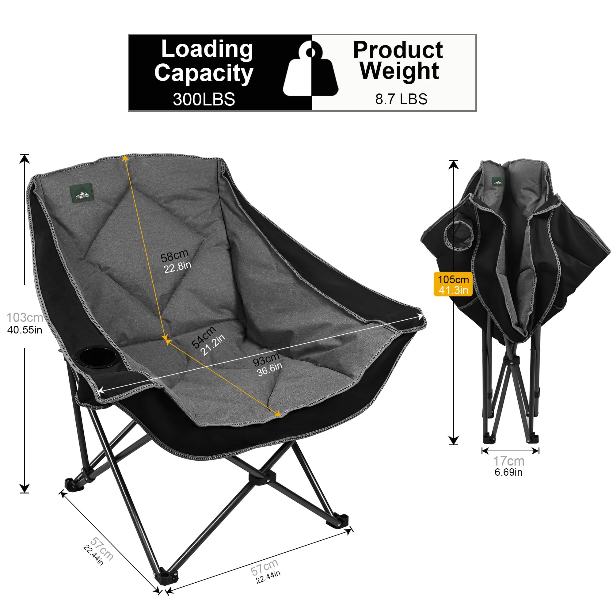 Northroad Übergroßer Faltbarer Campingstuhl für Strand, Wandern und Picknicks, Heavy-Duty 300-lbs Kapazität, mit 2 Getränkehalter