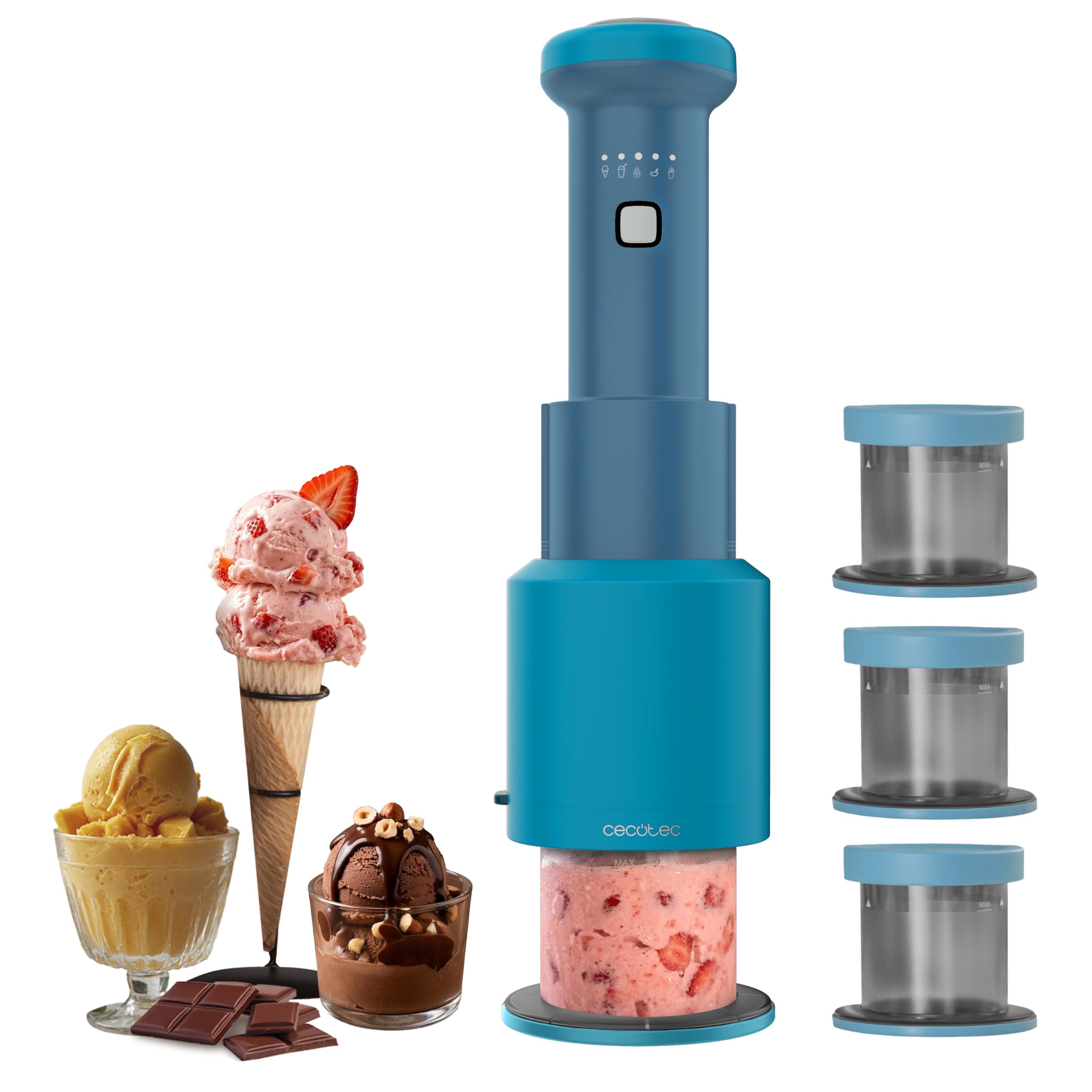 Cecotec Eismaschine Gelatec EasyMove, 5 Programme für Eis, Sorbet, Mix-ins, Slush und Shake, vertikales Rührsystem, Eis in 5 Min, 3x 260 ml Becher, Klinge abnehmbar, spülmaschinenfest, mit Deckeln