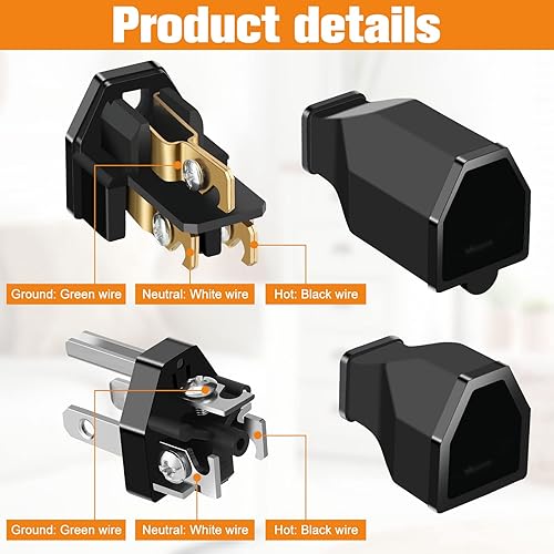 Miniatura 4 de 20 piezas de cable de extensión de repuesto macho y hembra, extremos de cable de extensión 125 V 15a 2 polos, 3 cables, conector macho y hembra,