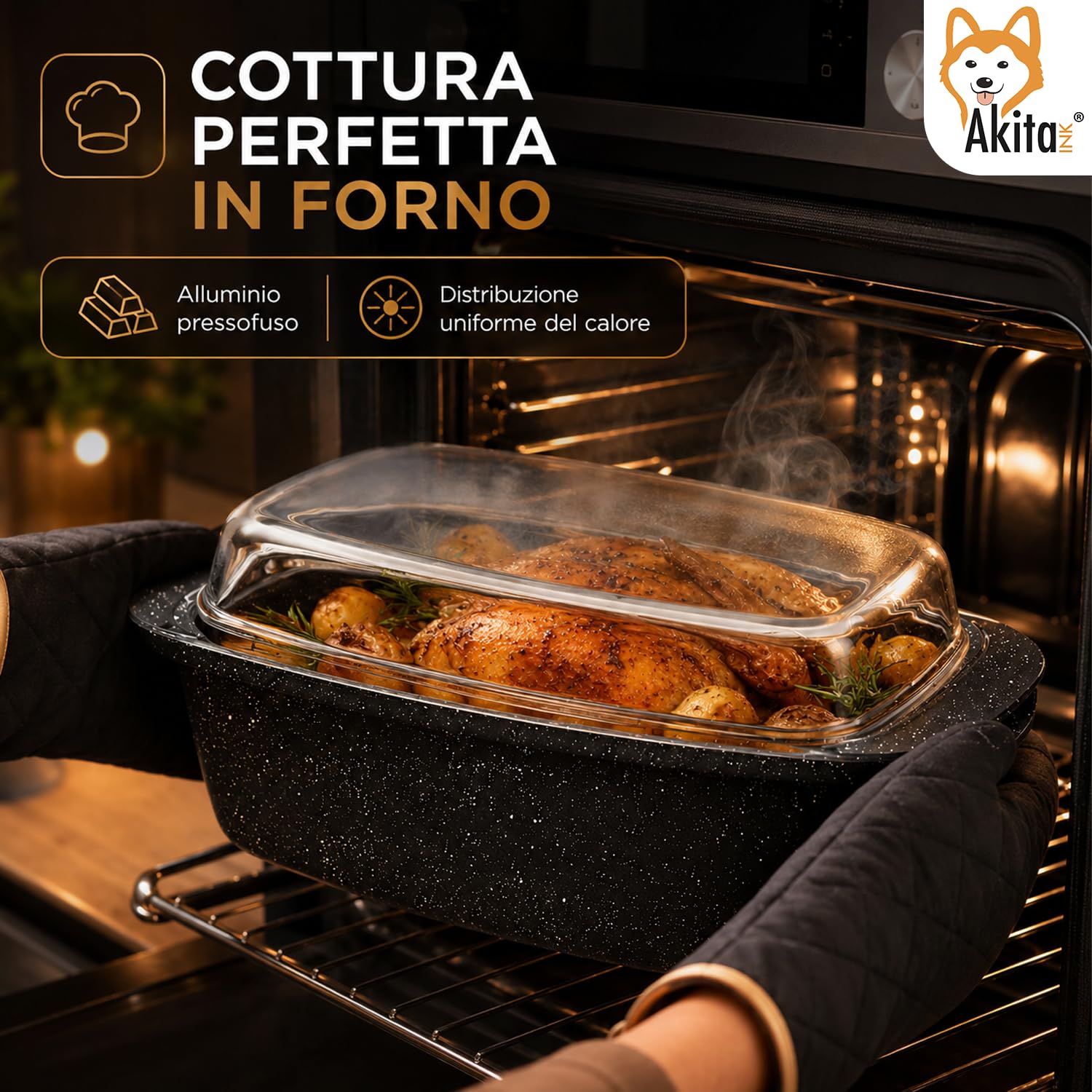 Akitaink Rostiera con Coperchio 32,5x21 cm, Teglia in Alluminio Pressofuso Antiaderente con Coperchio in Vetro, per Forno, Lavabile in Lavastoviglie