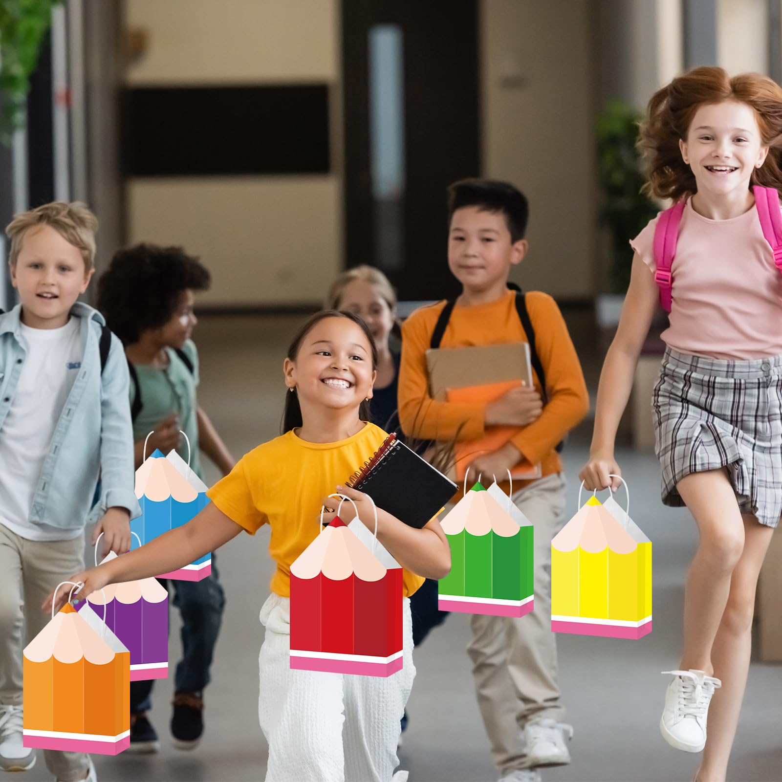 12Pcs Welcome Back to School Pencil Gift Favors Bags First Day of School Candy Boxes with Handle Pencil Goodie Treat Bag for Teacher Appreciation Kindergarten Graduation Birthday Party Supplies