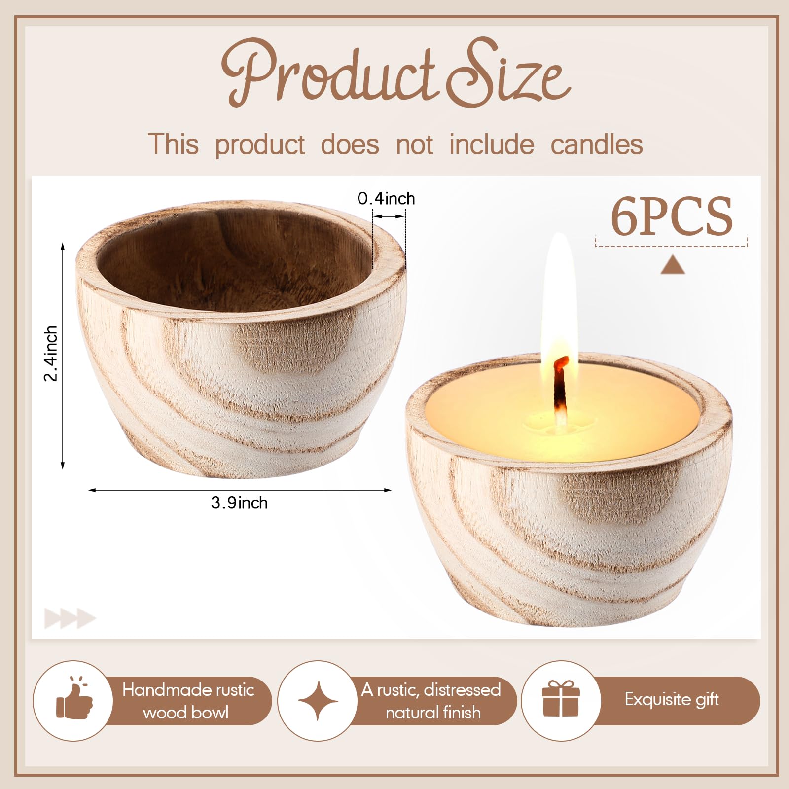 SiliFine 6 Pcs Round Wood Dough Bowl Wood Decorative Bowl Candle Rustic Bowl Vintage for DIY Holding Candles Gifts Anniversary Wedding Birthday Gift for Dining Room Table Centerpiece(Brown)