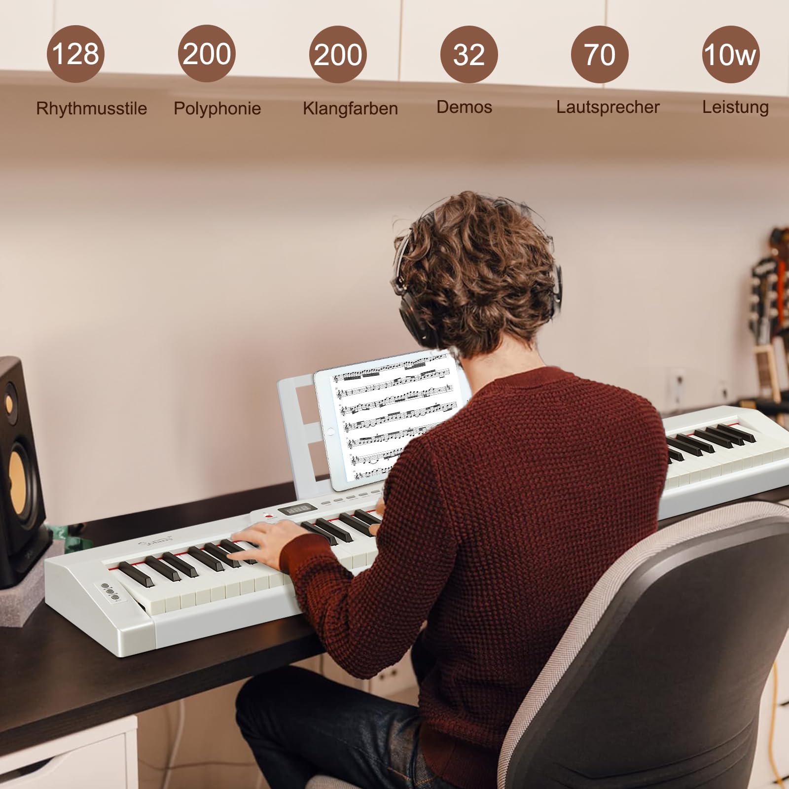 LEADZM Pianoforte digitale a 88 tasti, tastiera elettronica a grandezza naturale, tastiera elettronica con stereo, Bluetooth MIDI, leggio per spartiti, pedale sustain, cuffie, custodia per pianoforte