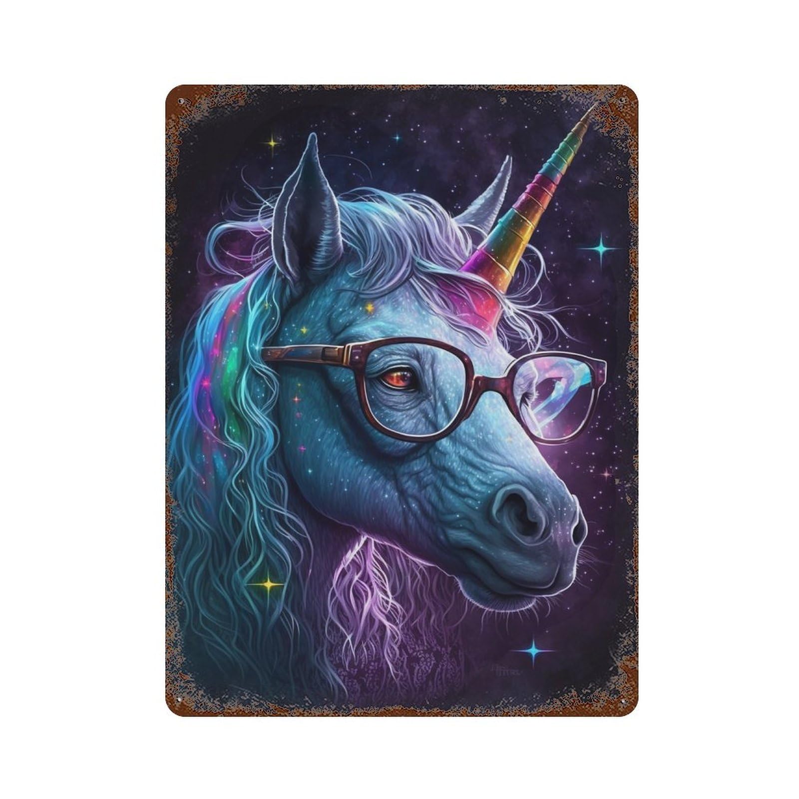 Rusty Metal Tin Sign with Galactic Unicorn with Glasses Design 15.7"x11.8", for Shed, Workshop And Garage Wall Decor, Classic Wall Plaque