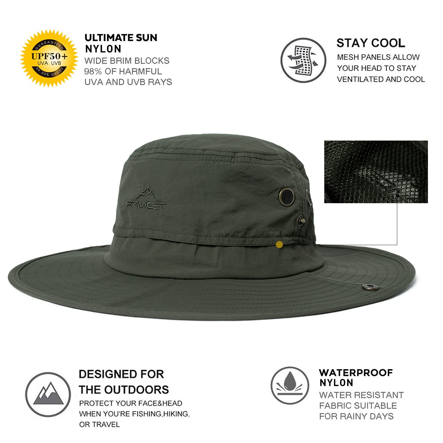 Comhats UPF 50 Sonnenhüte mit breiter Krempe, Sommer-Mesh, UV-Schutz, Safari-Hut, zum Angeln, Wandern, Boonie-Hüte mit Kinnriemen, wasserdicht