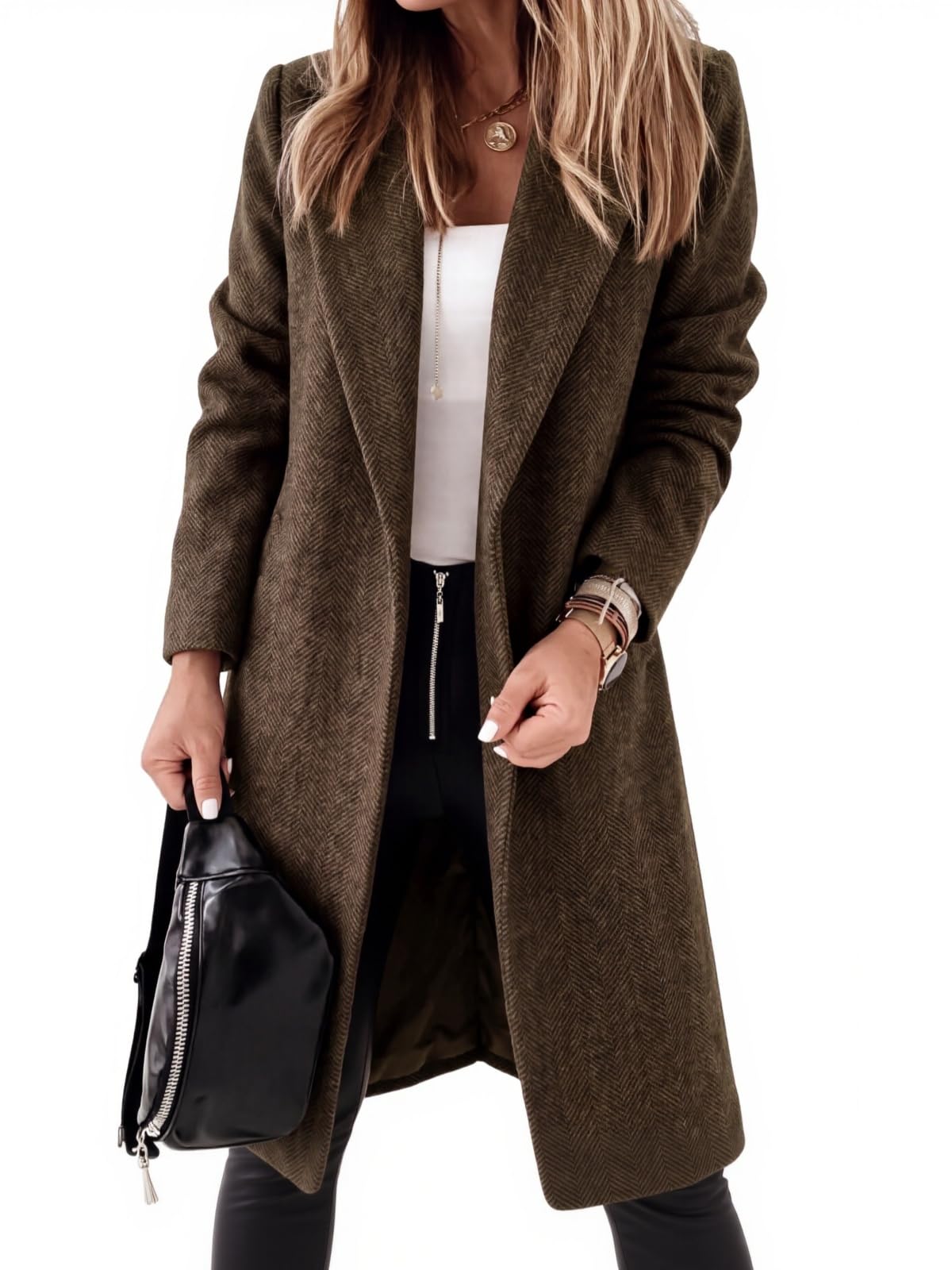 Womens Fall Winter Coats Lapel Collar Open Front Long Jackets Trench Coat