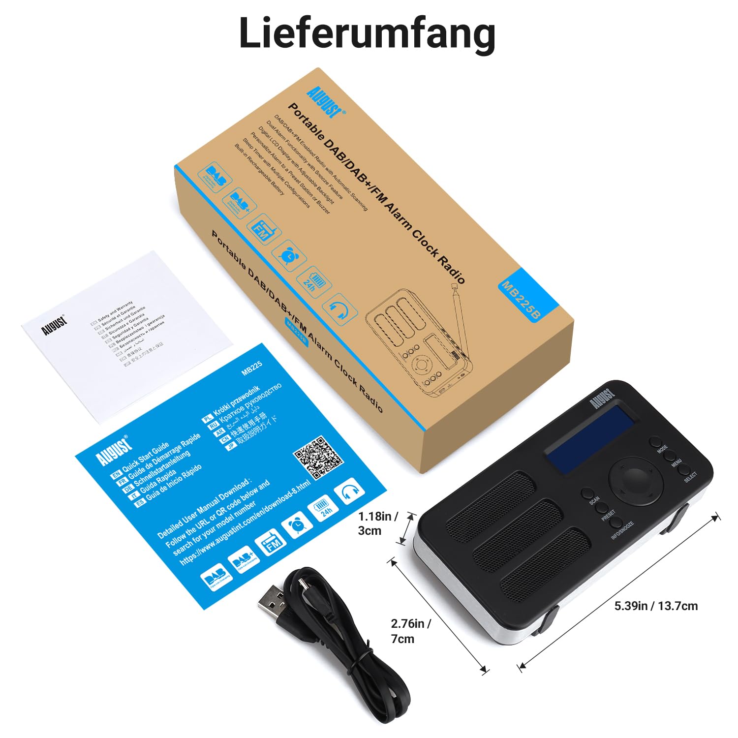 August MB225 Tragbares Radio mit DAB+/DAB/FM - RDS 40 Presets Radiowecker Stereo/Mono Digitalradio mit Sleeptimer Doppelalarm Snooze und wiederaufladbare Batterie Audioanschluss einfach für Senioren
