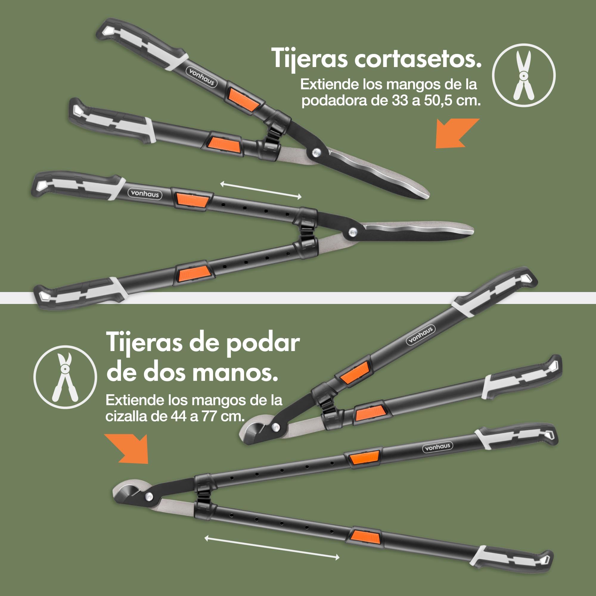 VonHaus Set de Tijeras de Podar, 3 Piezas - Tijeras Cortasetos - Cizalla de Poda con Mango Telescópico Extensible - Suave Empuñadura - Ligeras