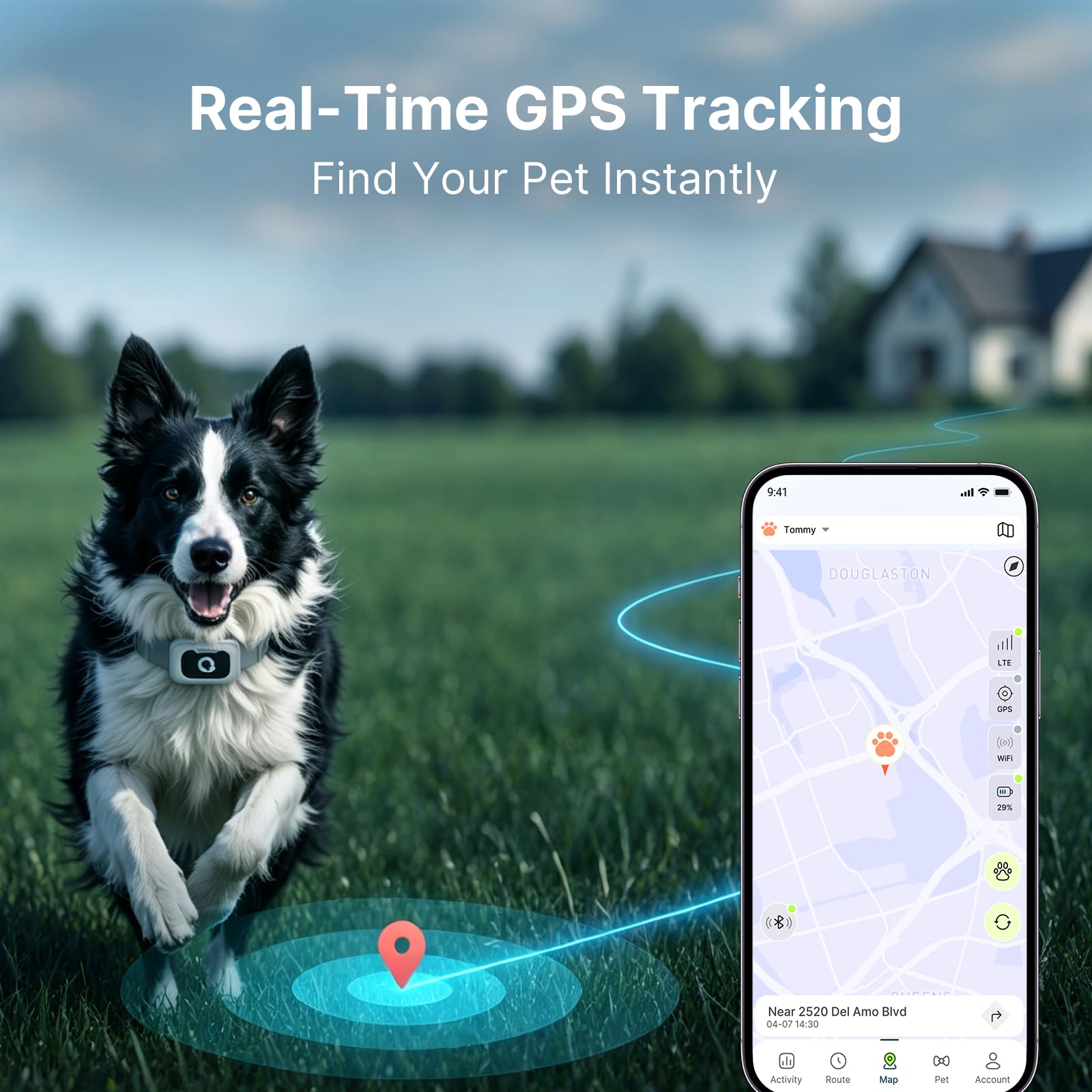 ABBIDOT GPS Tracker für Hunde - Echtzeit-Haustier-Tracker mit virtuellem Zaun, Aktivitätsmonitor, Standortverlauf, Fluchtwarnungen, 3-Modus-Nachtlicht, GPS-Hunde-Tracker mit Gesundheits- und