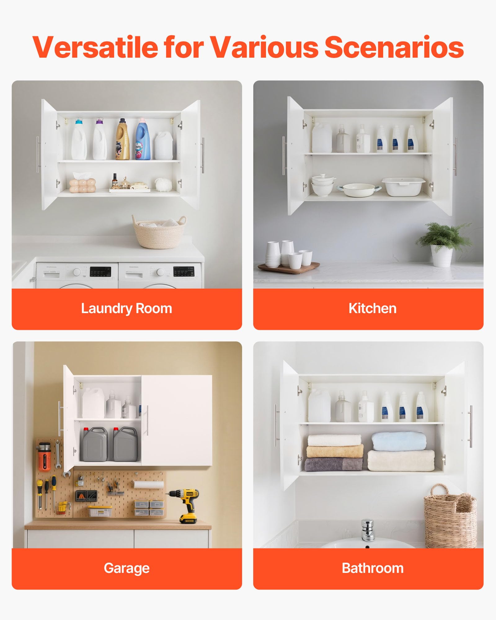VEVOR Wandschrank für Waschküche, 2-stöckiger Wandhängeschrank mit Verstellbarer Ablage, Küchenschrank mit 2 Türen, für Küche Bad Wäscherei, 40,6 x 91,4 x 61 cm (T x B x H), Oberschrank Weiß