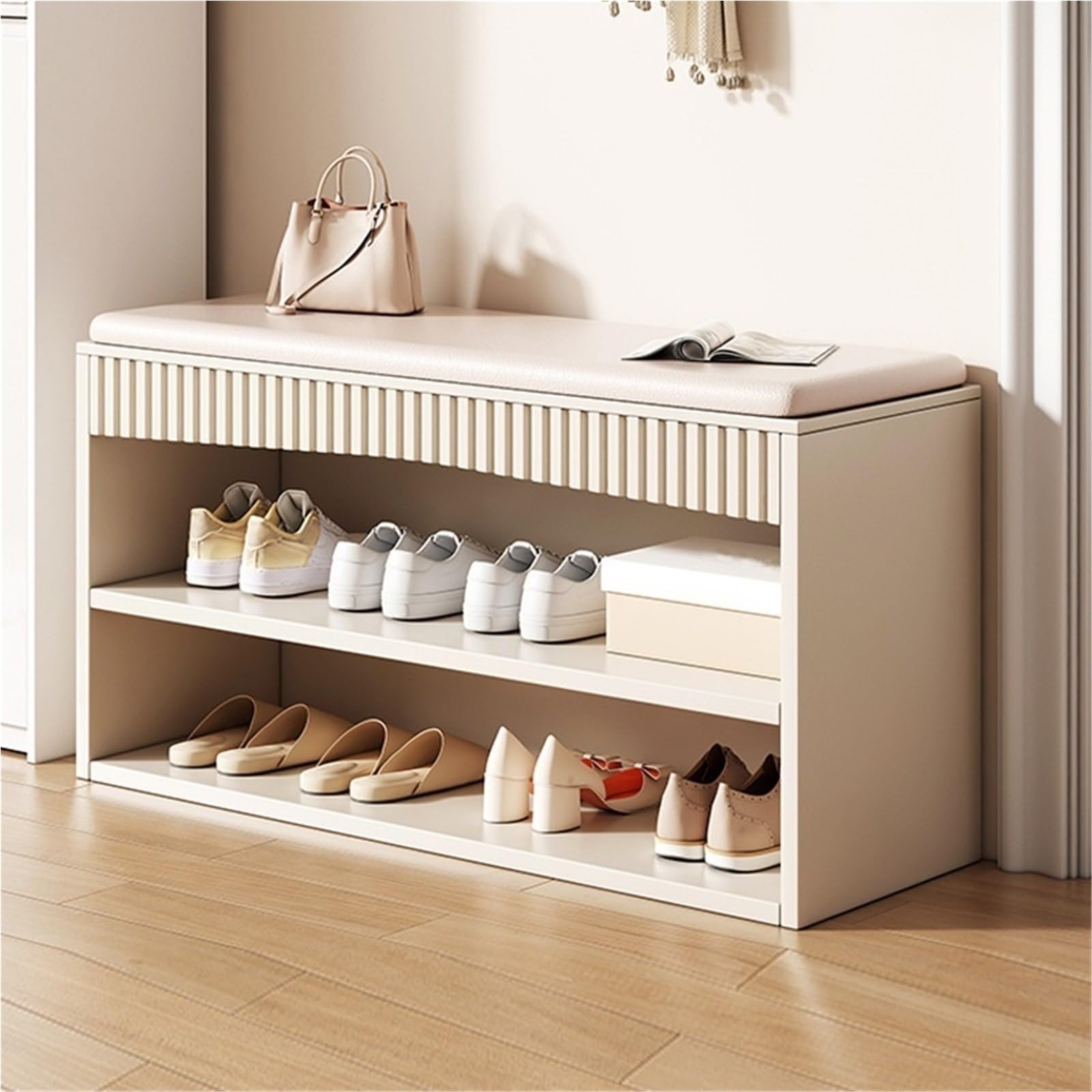 Meuble à chaussures compact blanc 80 cm avec coussin d'assise de couloir