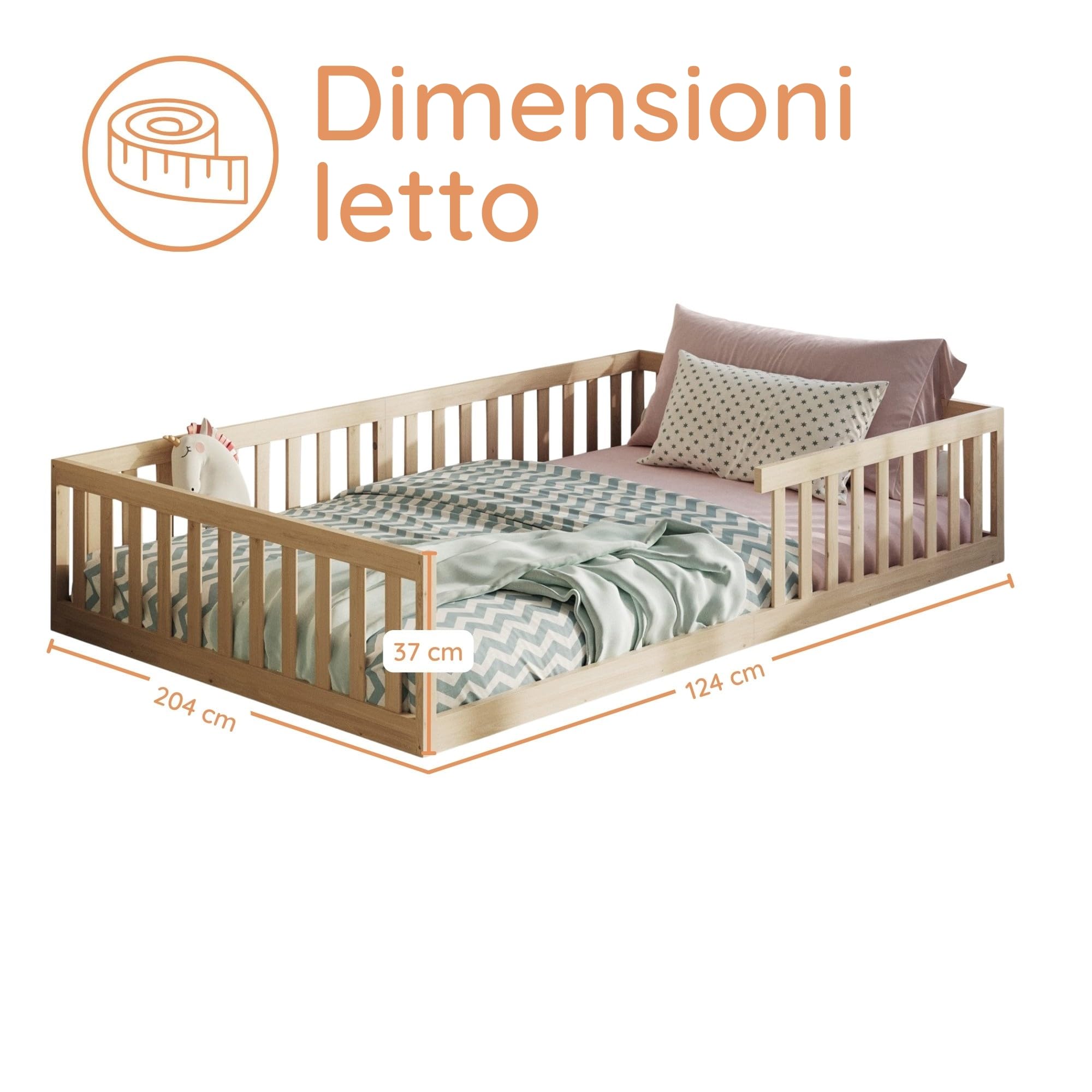 Kids Collective Letto per bambini Letto da terra 120 x 200 cm con protezione anticaduta e rete a doghe Letto Montessori Letto per bambini Naturale Altre misure 90 x 200 cm 140 x 200 cm