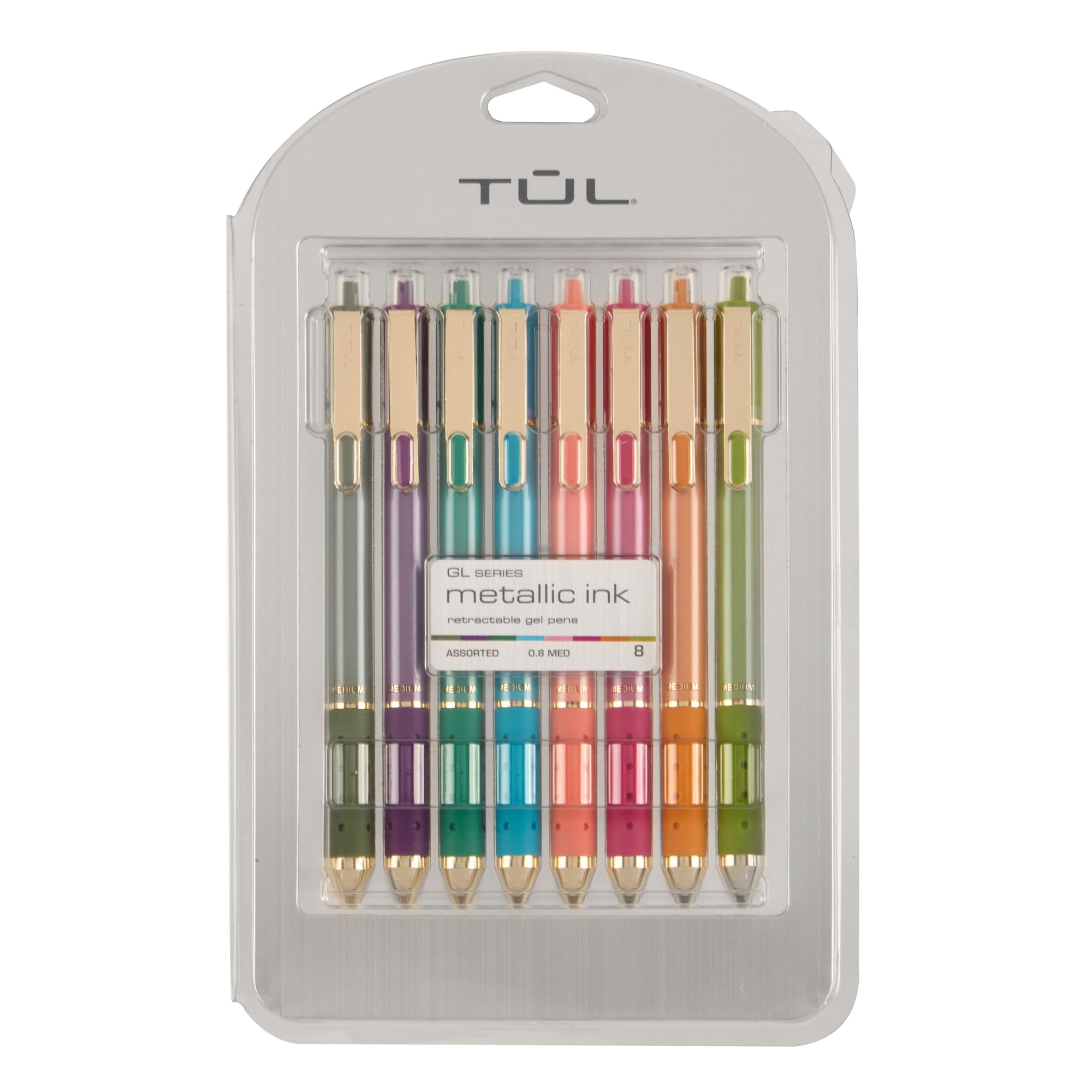 TUL® GL Series Retractable Gel Pens, Medium Point, 0.8 mm, Assorted Barrel Colors, Assorted Deep Metallic Inks, Pack Of 8 Pens
