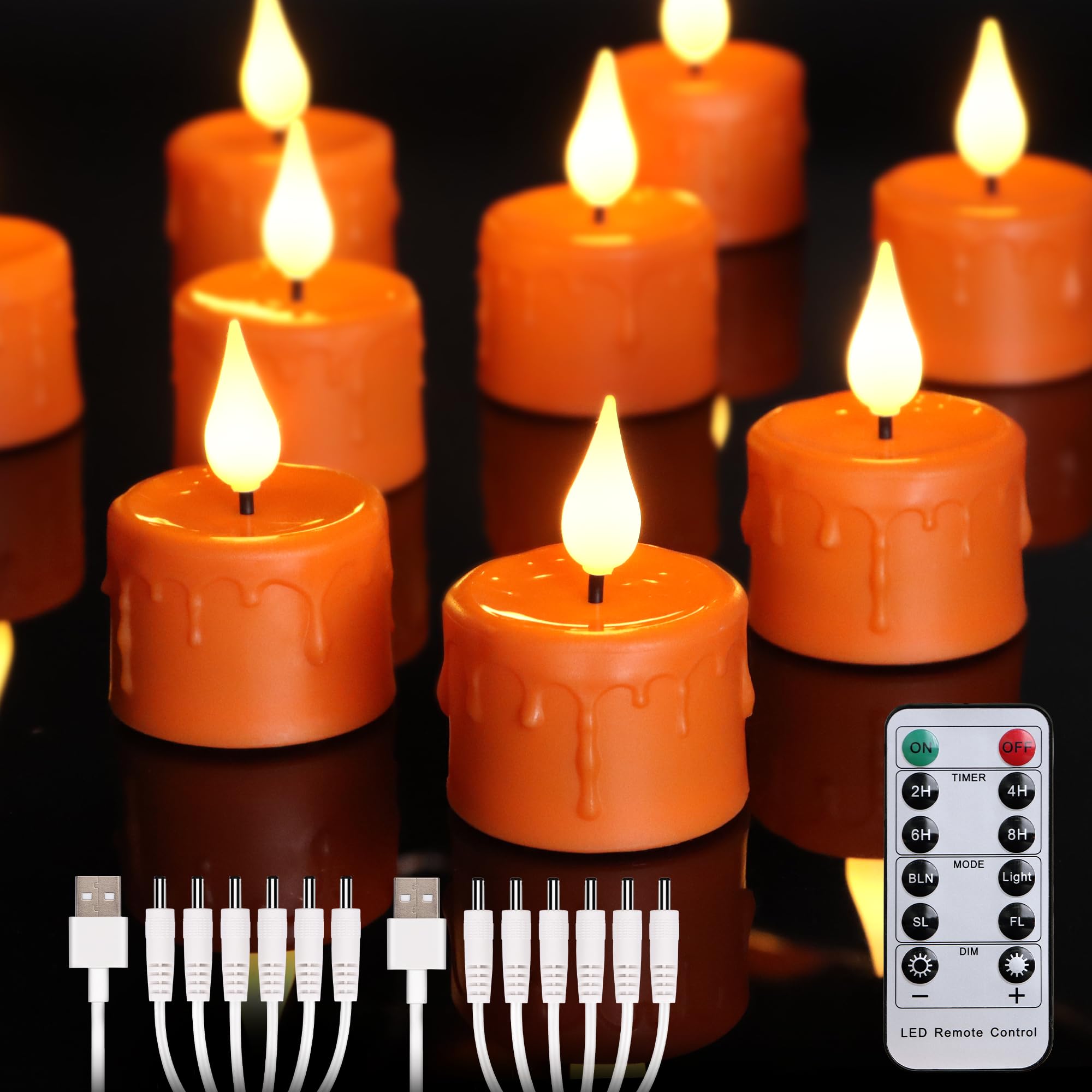 FPOO Halloween Candles Flameless Fake tealight Candle,12 Packs LED Tea Lights Rechargeable Candles with Remote Timer USB Charging, Small Pumpkins Tea Lights, Orange Electric Candle for Fall Décor