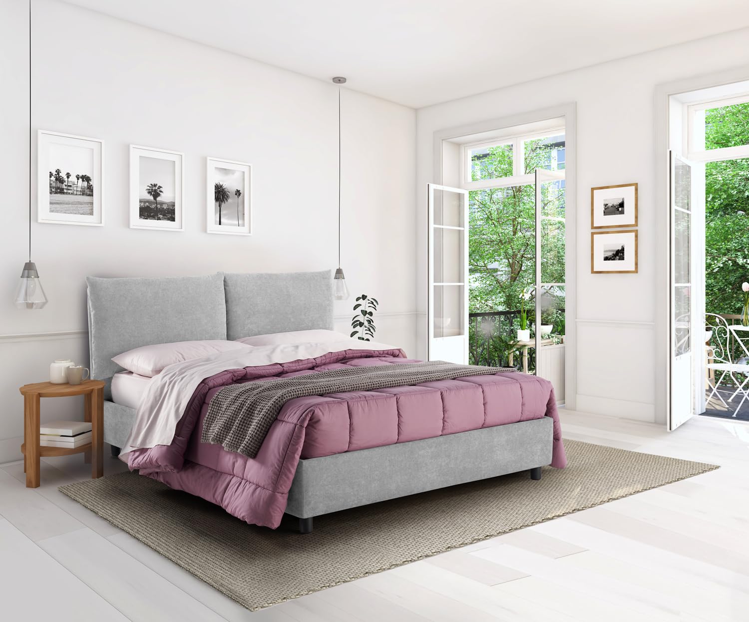 EVERGREENWEB - Letto Matrimoniale con Moderno Box Contenitore e Rete a Doghe in Legno 160x195 cm Elegante Testiera con Doppi Cuscini Tessuto Ghiaccio Imbottito SFODERABILE Ideale per Camera da Letto