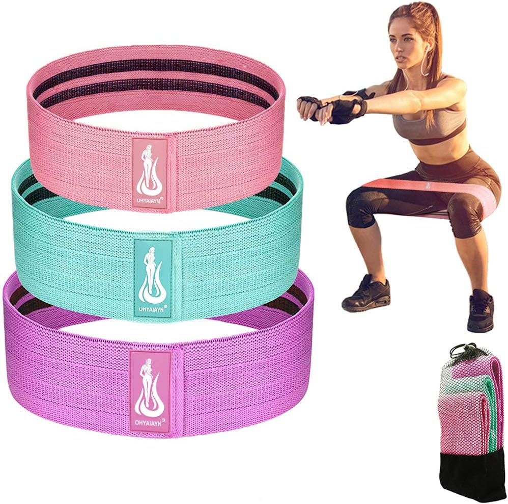 OHYAIAYN Booty Resistance Workout Bands for Legs and Butt - Elastic Fabric Non Slip Hip Bands - Resistance Loop Circle Exercise Bands for Women and Men - Set of 3 (A) (A-Blue, Purple, Pink)