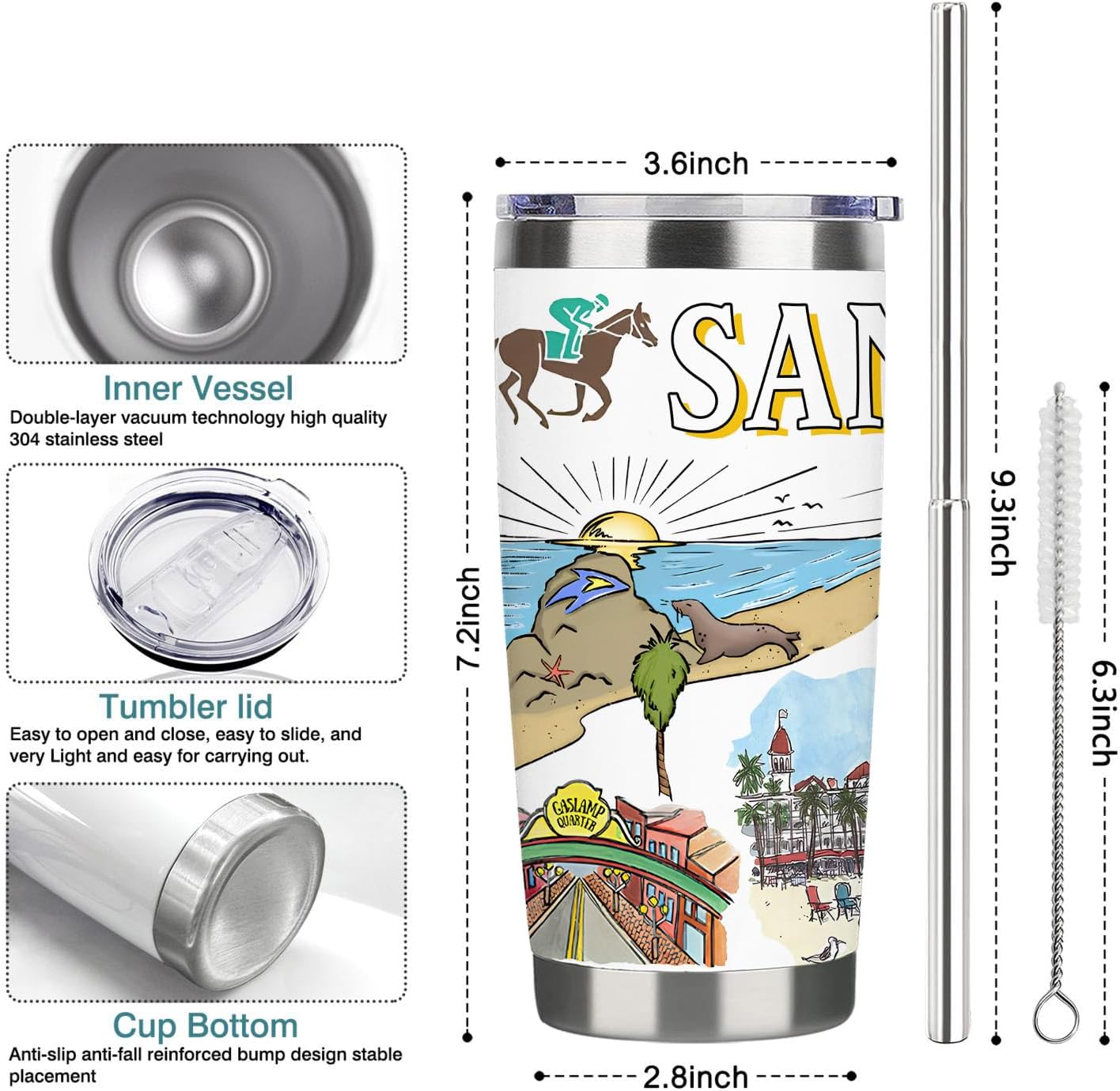 City Tumbler for City Lover,20oz Double Wall Vacuum Insulated Stainless Steel Coffee Cups (San diego) - Image 7