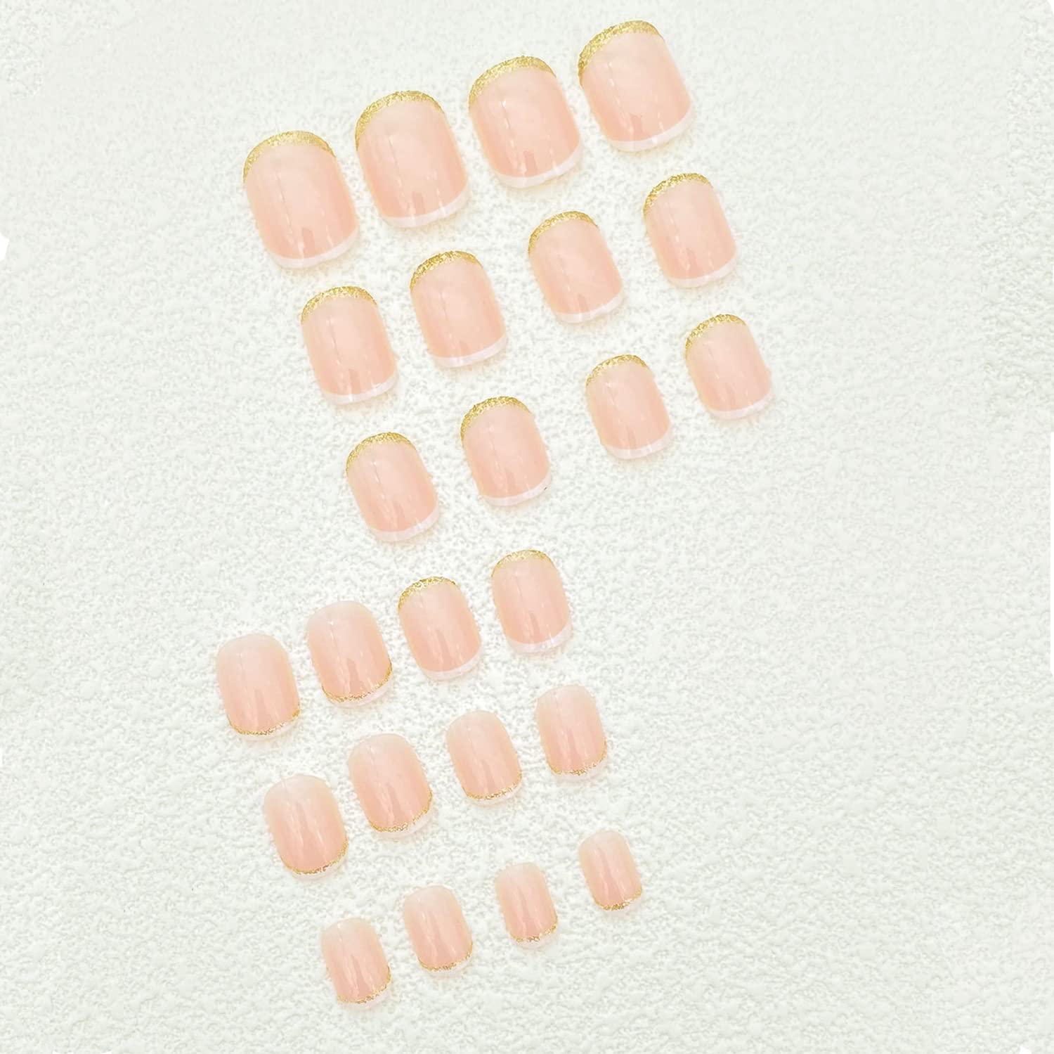 24 uñas postizas cortas, uñas postizas a presión con punta francesa, uñas postizas de cobertura completa con diseños de pegamento brillante en las uñas blancas y doradas, uñas acrílicas rosas 2