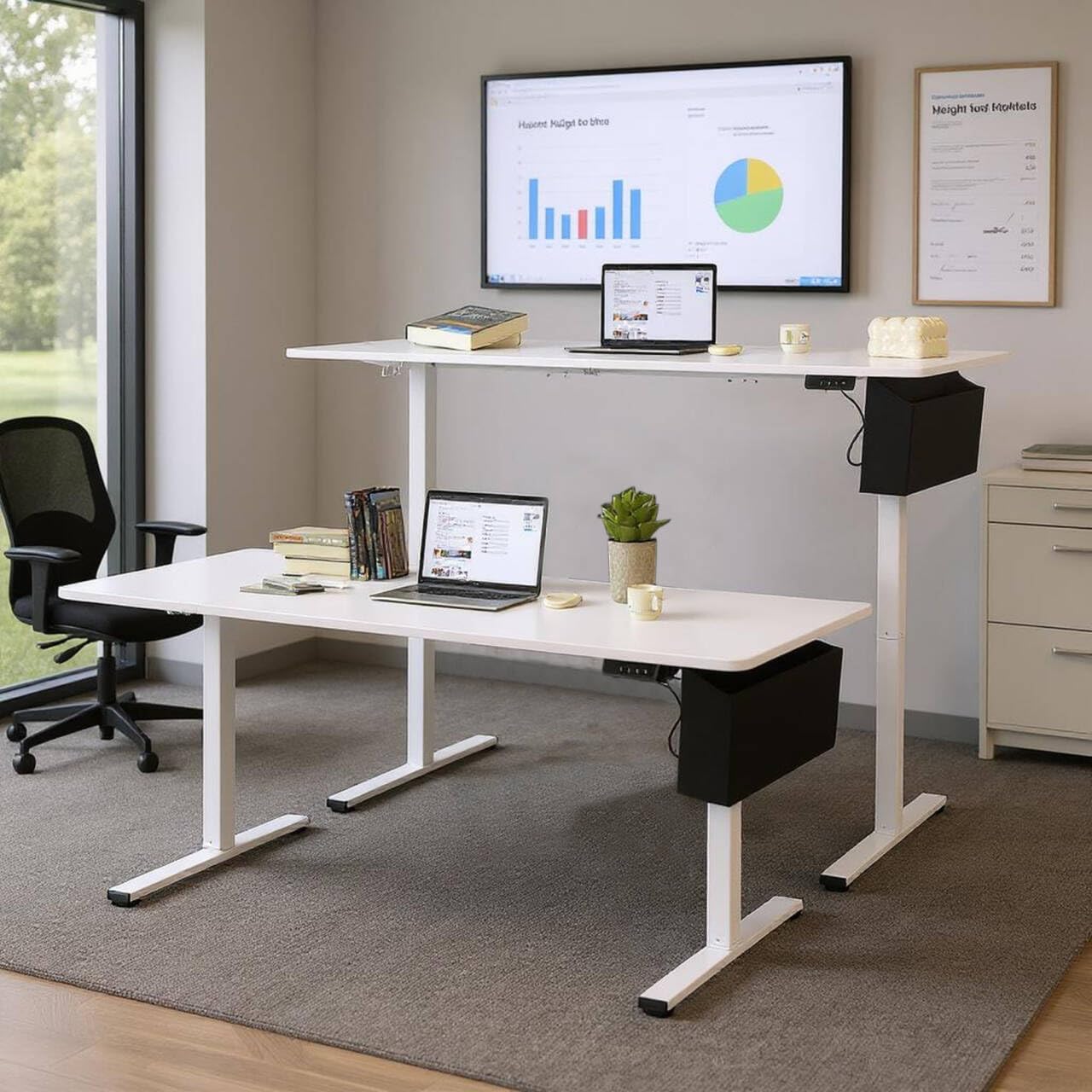 Höhenverstellbarer Schreibtisch 160x75cm,Elektrisch Gaming Tisch mit Lichtleiste,USB,Tasche und Haken,2 Memory Funktion,Ergonomischer Elektrischer Stehschreibtisch für Homeoffice lernbüro,Weiß