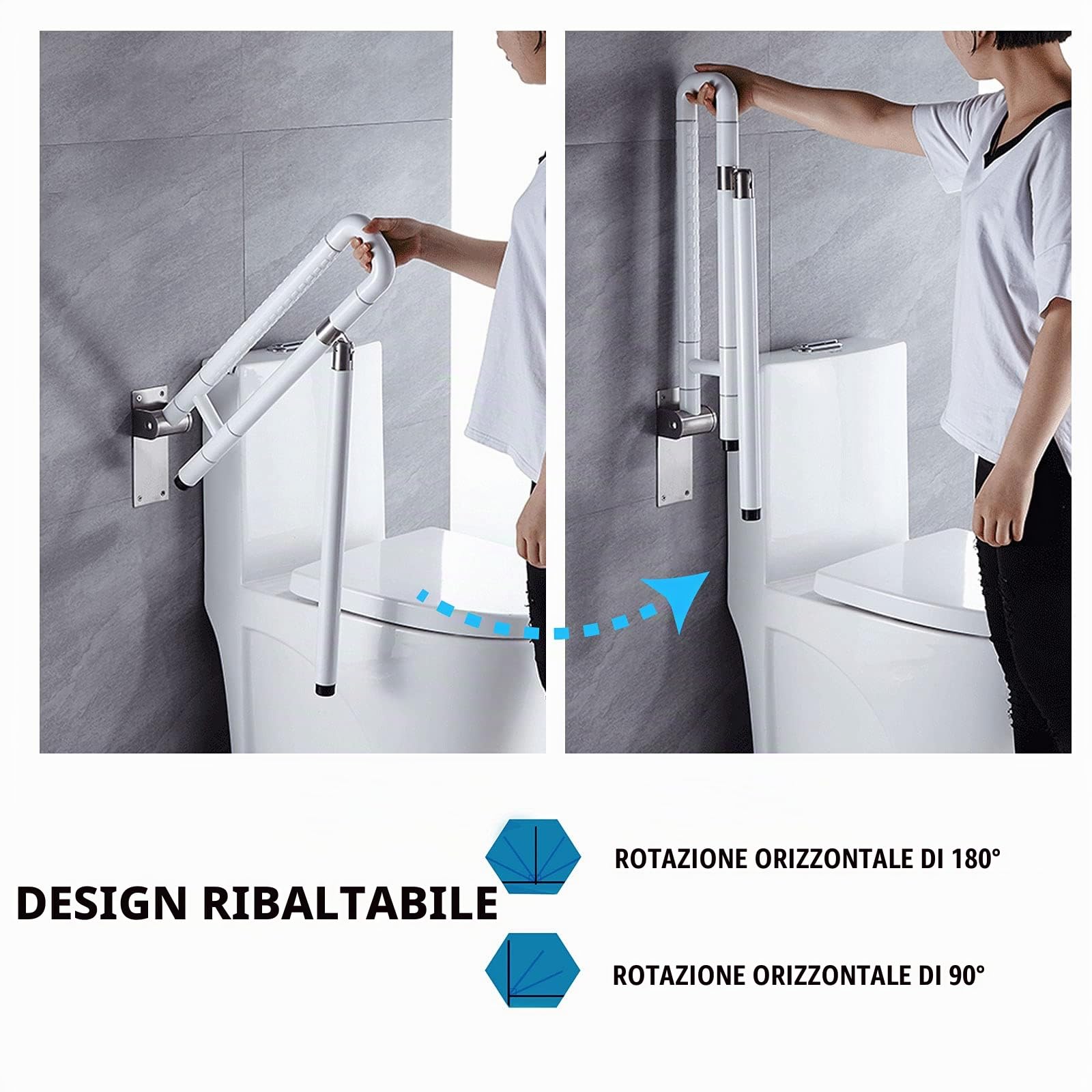 Maniglione Ribaltabile Bagno Wc,Corrimani Antiscivolo,Maniglia Di Supporto Pieghevole Per Bagno,con Gambe,Maniglione Con Un Anello Luminoso,rotazione Orizzontale Di 180° O Verticale Di 90°