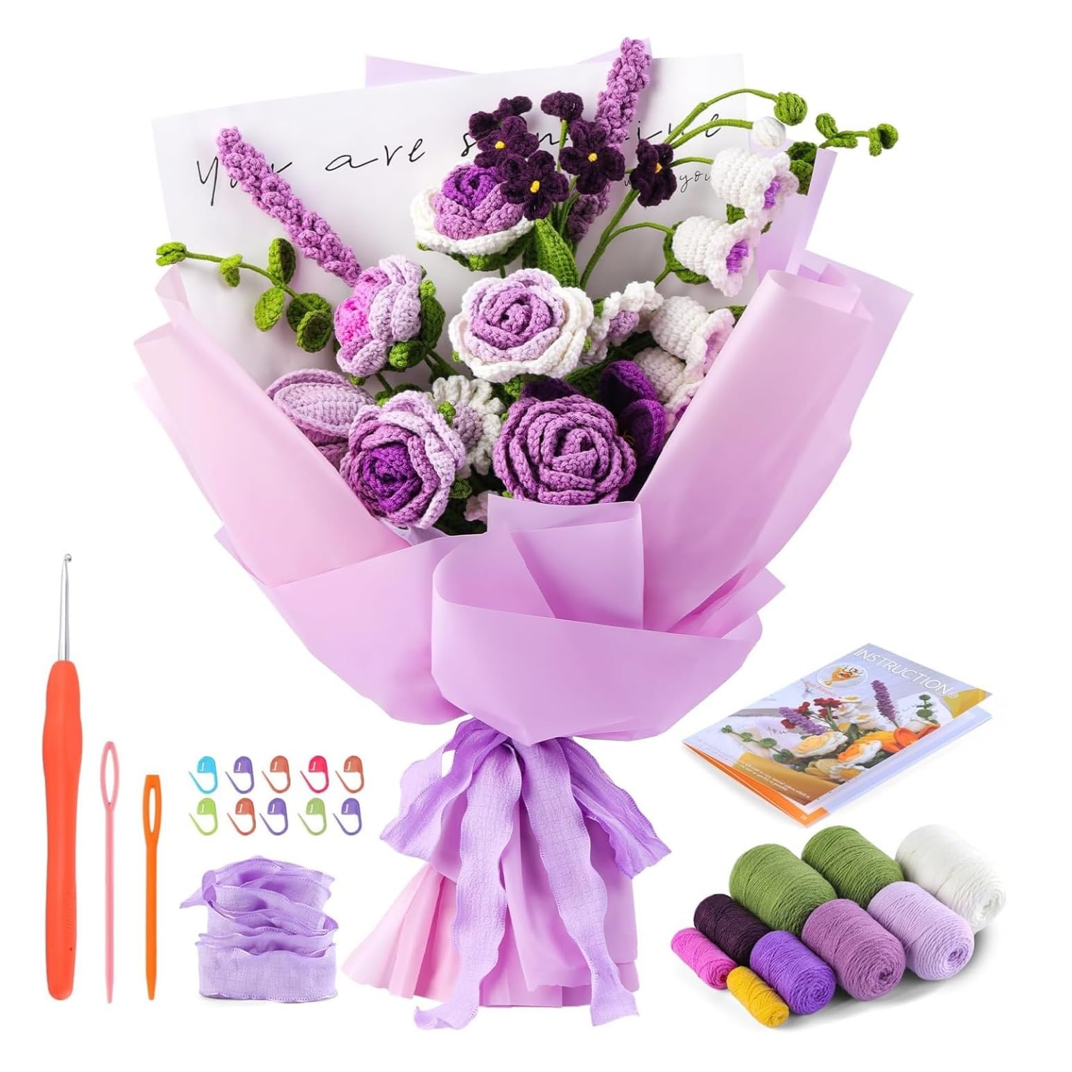APOMNG Rose Crochet Kit for Beginners Create Your Own Flower Bouquet with Step by Step Video Tutorials and Home Decor,Purple