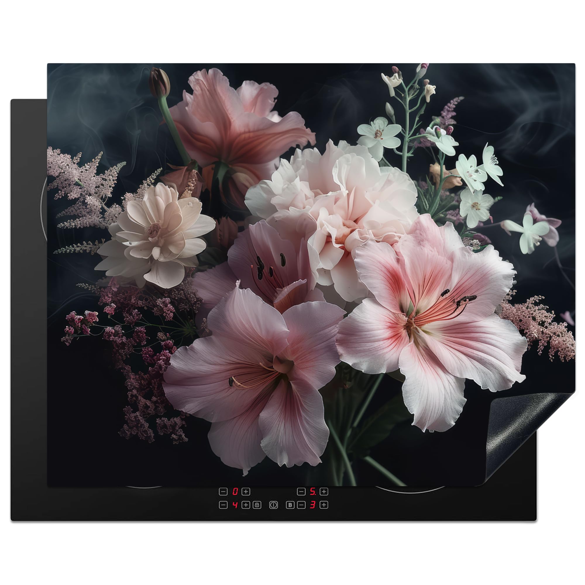 KitchenYeah© Induction Hob Protector Mat 20.5"x25.6" / 65x52 cm Cooker Top Protectors Cover Ceramic Covers Electric Hobs Vinyl Flowers - Pink - Vapour - Plants