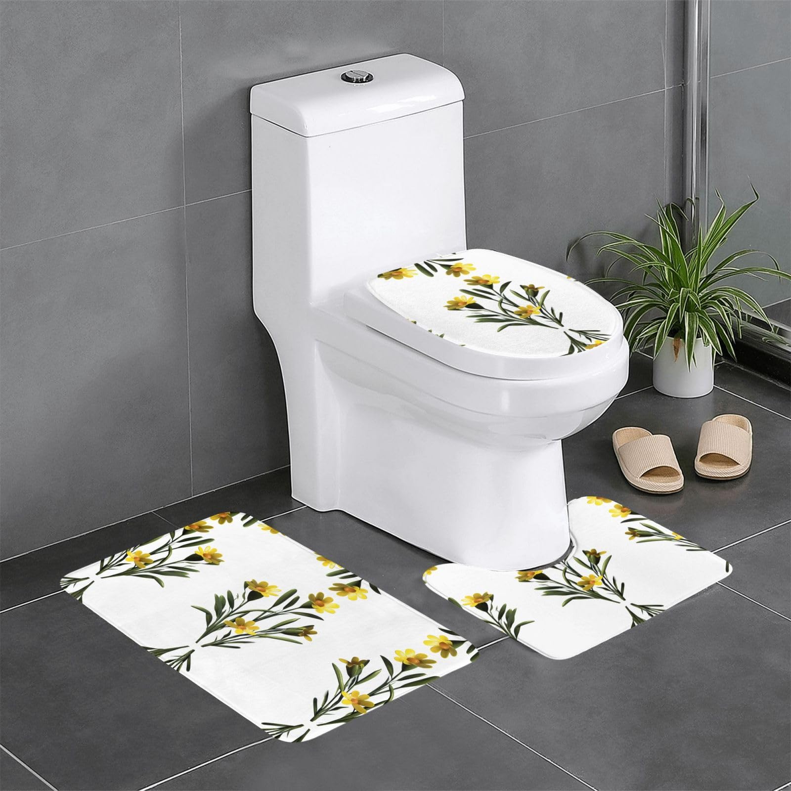 Tapis de salle de bain fleurs jaunes pour une coiffeuse et des toilettes
