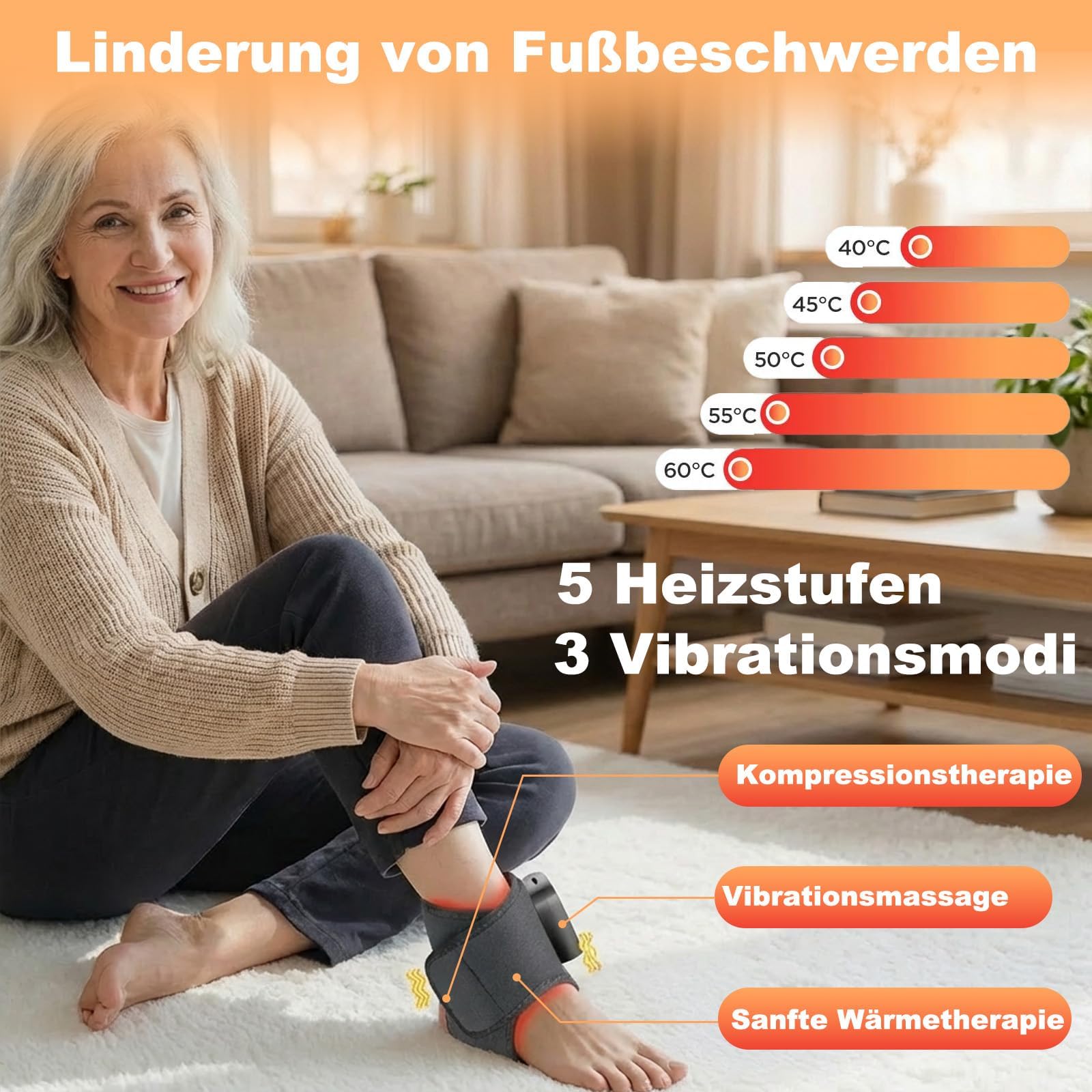 Fussmassagegerät elektrisch testsieger, 3-In-1-Fußmassager, Neuropathie Fussmassage, Portable Cordless Ankle Massagers with 3 Vibration Modes & 5 Heat Settings (Grau)