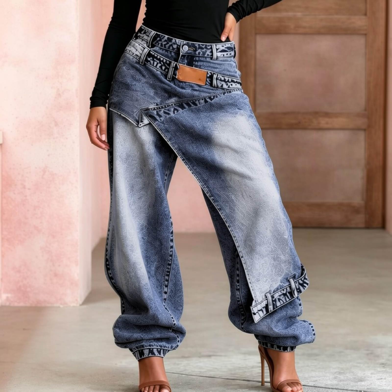 Générique Jeans Baggy da donna, vestibilità asimmetrica, Patchwork a vita alta, pantaloni in denim estivi, casual, calze elasticizzate, pantaloni in jeans elasticizzati, alla moda, per tutti i giorni