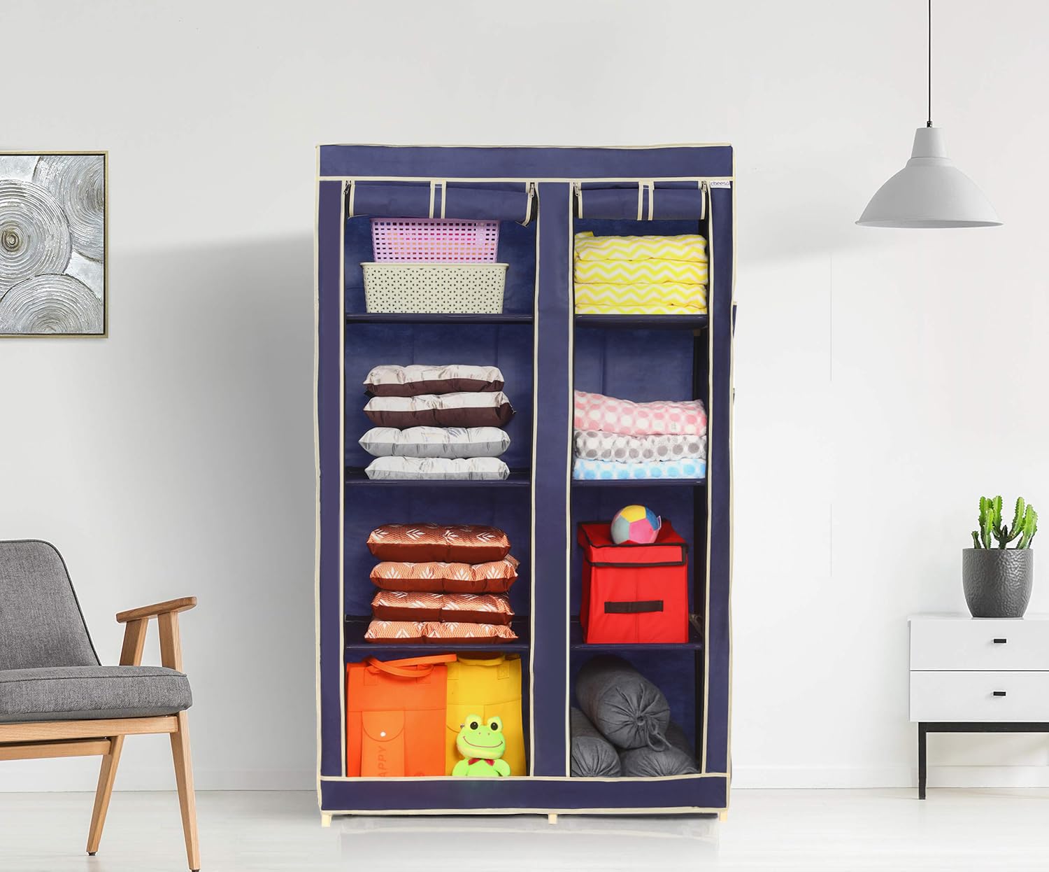 2-Door Foldable Wardrobe with 8 Racks – Space-Saving Closet Organizer, Navy Blue Fabric Storage for Clothes & Accessories