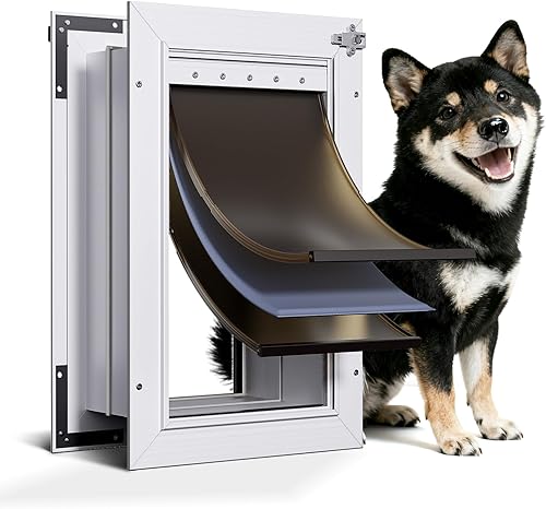 Soporte de pared para puerta de perro de 3 solapas, puerta mediana de aleación de aluminio, puerta para perros con 2 cerraduras, capa de