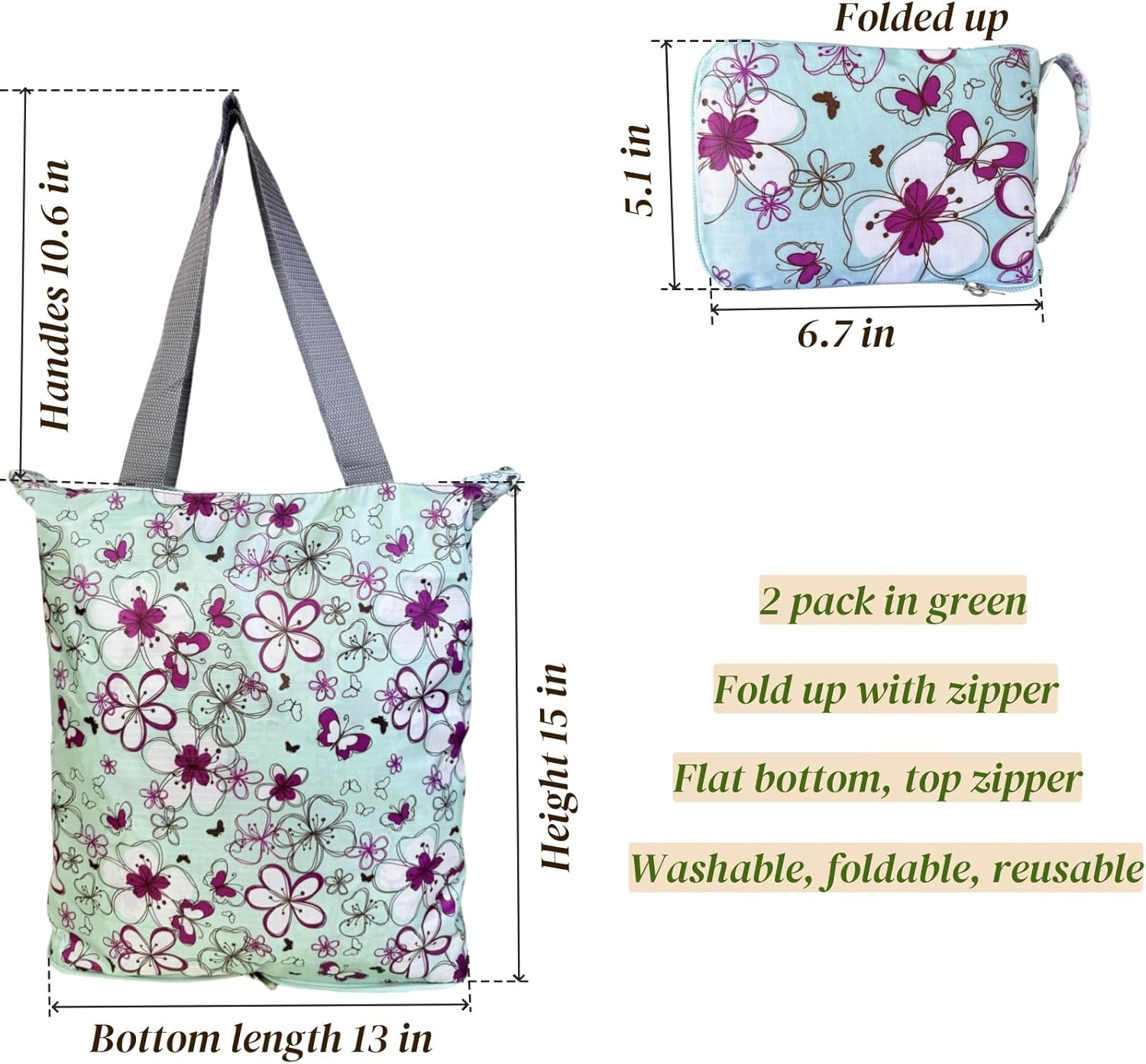 2 Pack Kitchen Reusable Grocery Bags Foldable Washable with Zipper Heavy Duty Folding Shopping Tote Green - Image 2