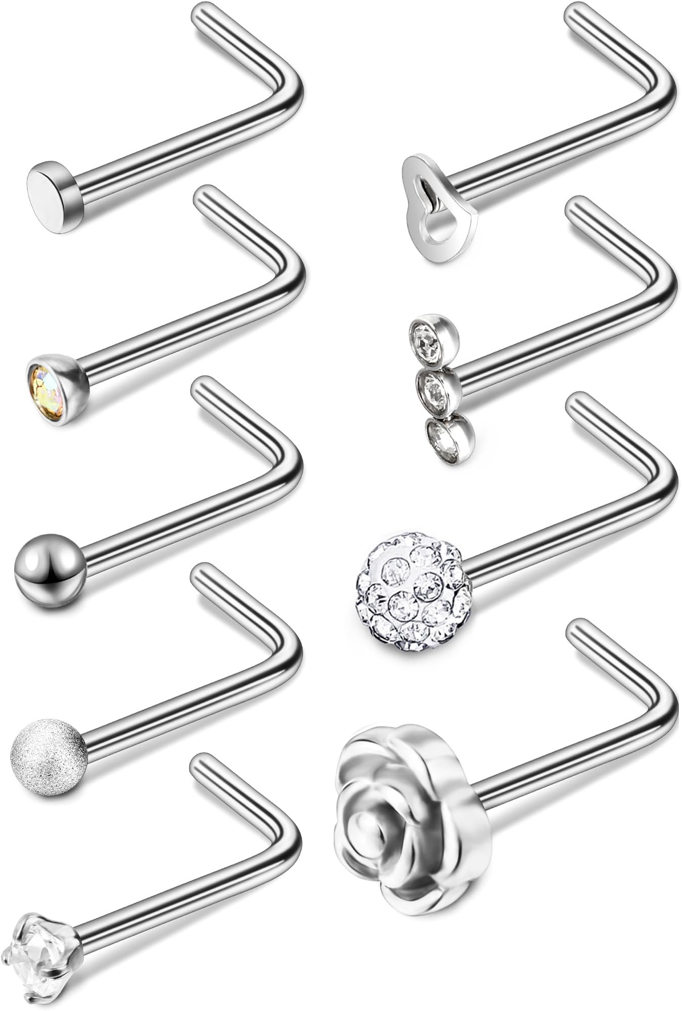 Hestya 20G 9 Styles Stainless Steel Nose Stud Nose Rings Curved Nose Stud L Shaped Piercing Jewelry for Women and Girl