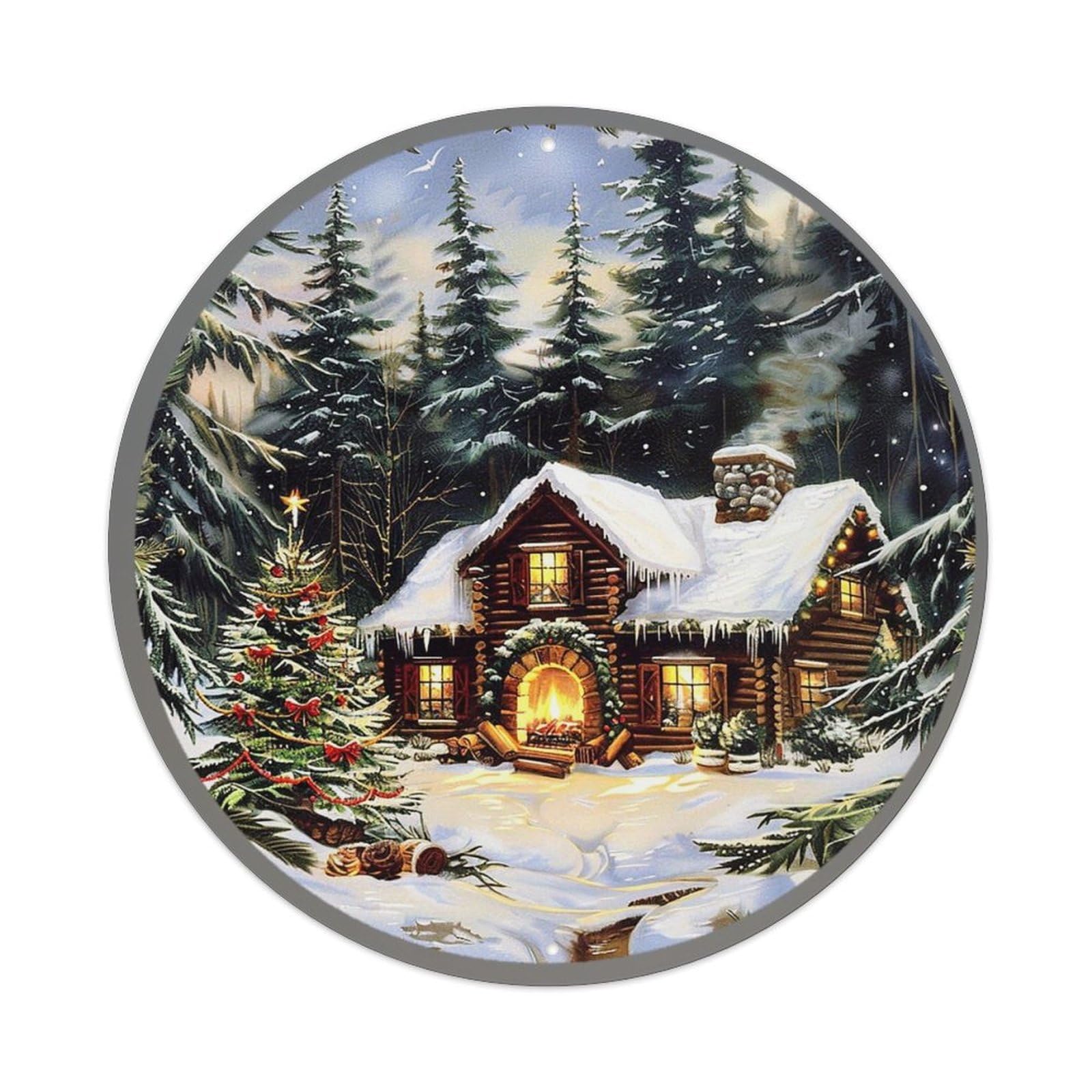 Snowy Cabin Christmas Tree Scene Retro Metal Tin Sign, Vintage Metal Poster for home, Gaming Room, Studio Workshop,Bar,Garage Wall Art Decor 8x8 inch