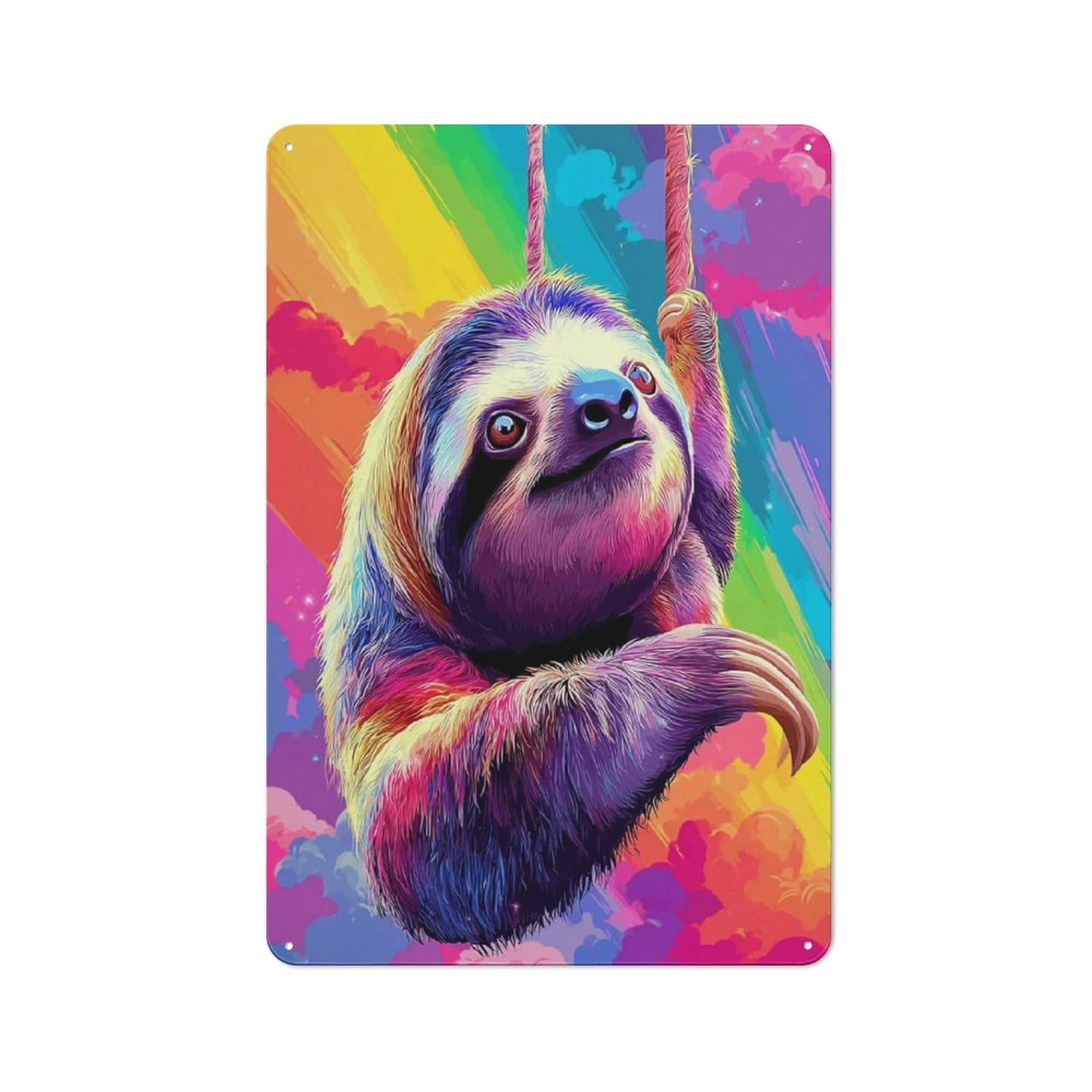 Rainbow Sloth in Cloudy Sky Vintage Metal Wall Decor 30x20cm, Garage Metal Sign for Workshop, Basement, Shed Or Games Room