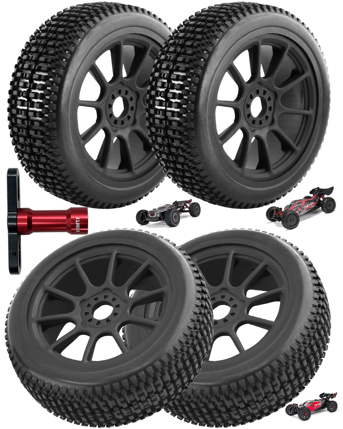 Rcarmumb RC Wheel & Wheel Tires w/Wheel Wrench for ARRMA 1/8 Talion 6S BLX,Typhon 6S 3S BLX,Redcat,Losi,Team,HPS,Kyosho,HPI,Hobao,Wheel Tires Set w/ 17mm Hex Wheel Wrench,Replace ARA550097(4PCS