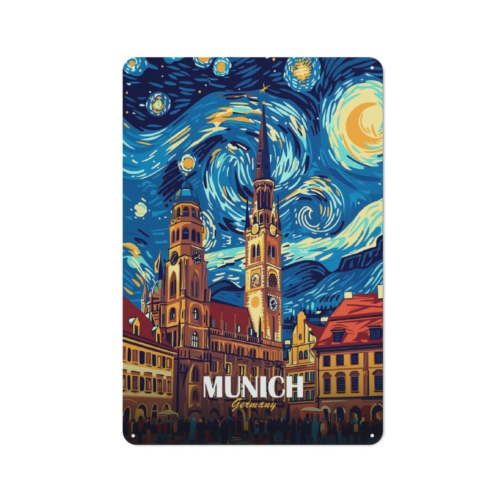 Junmoney Style-24 For Hobby Room Or Studio, Munich Germany Cityscape Starry Night Style Retro Tin Sign 30X20cm, Gift For Creative Interior Collectors During The Christmas Season