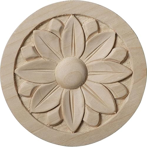 Ekena Millwork ROS03X03BERW Bedford Roseta redonda, 3 12 pulgadas de ancho x 3 12 pulgadas de alto x 12 "P, madera de caucho