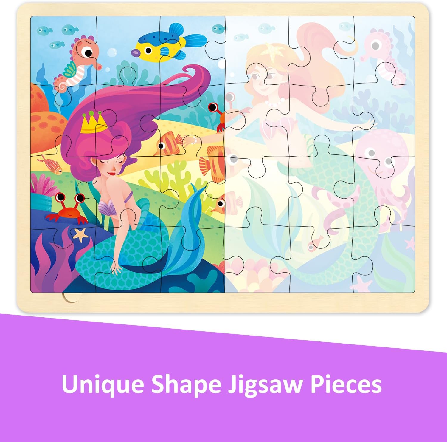 Wooden Puzzles for Kids Ages 3-5, 2 Pack 24 Piece Puzzle for 3 Year Old, Little Mermaid and Dinosaur Preschool Toddler Puzzles with Picture Underneath
