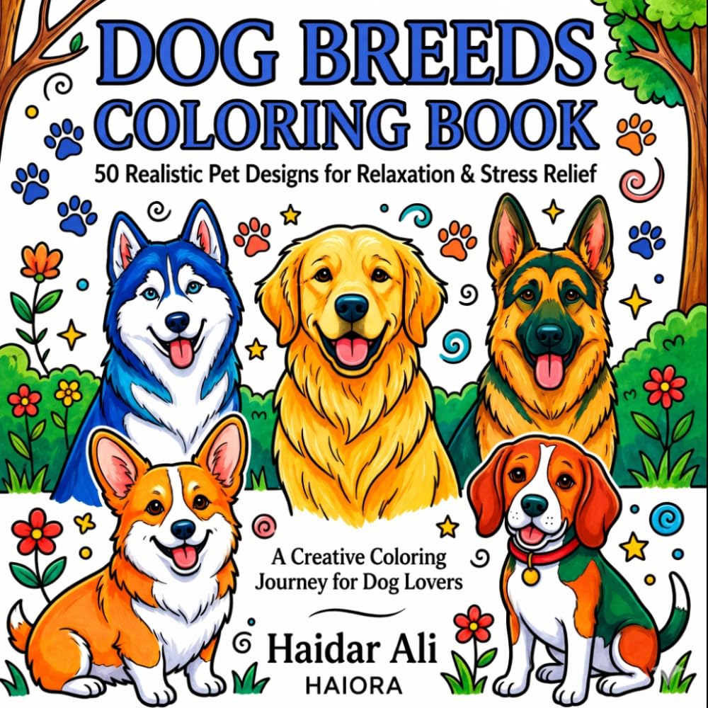 Dog Breeds Coloring Book: 50 Cute & Realistic Dog Breed Coloring Pages for Adults, Teens, and Dog Lovers: Stress Relief and Relaxation Coloring Book ... German Shepherd, Beagle, Corgi and More