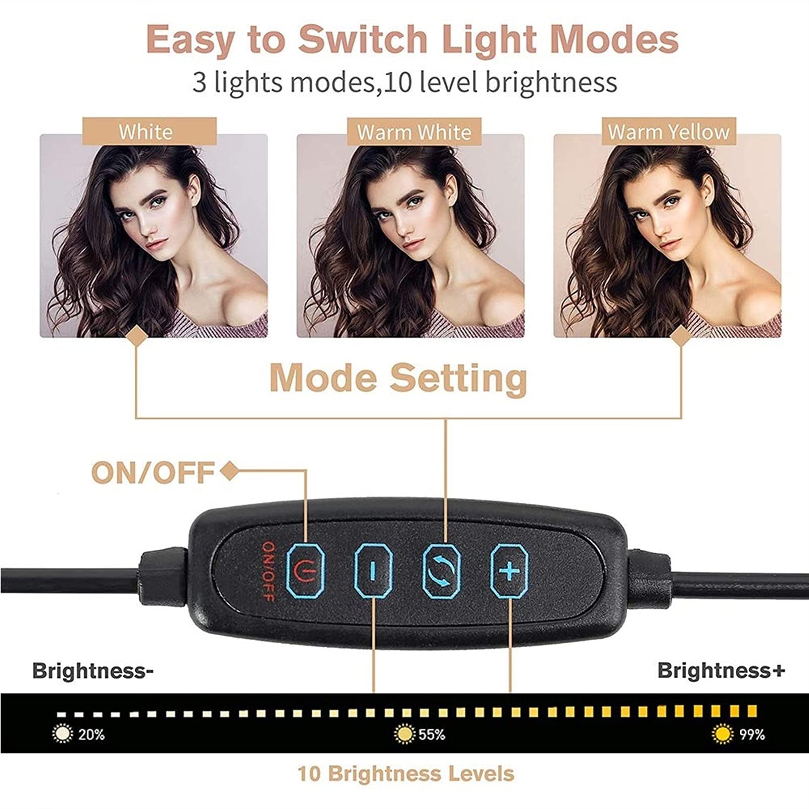 10"Selfie. GUIDATO Lampada ad Anello con Supporto treppiede e Supporto per Anelli USB Photography Riempimento Lampada 3 modalità Luminosa 10 Livello di luminosità Kit Ricaricabile Diamplare Flash per