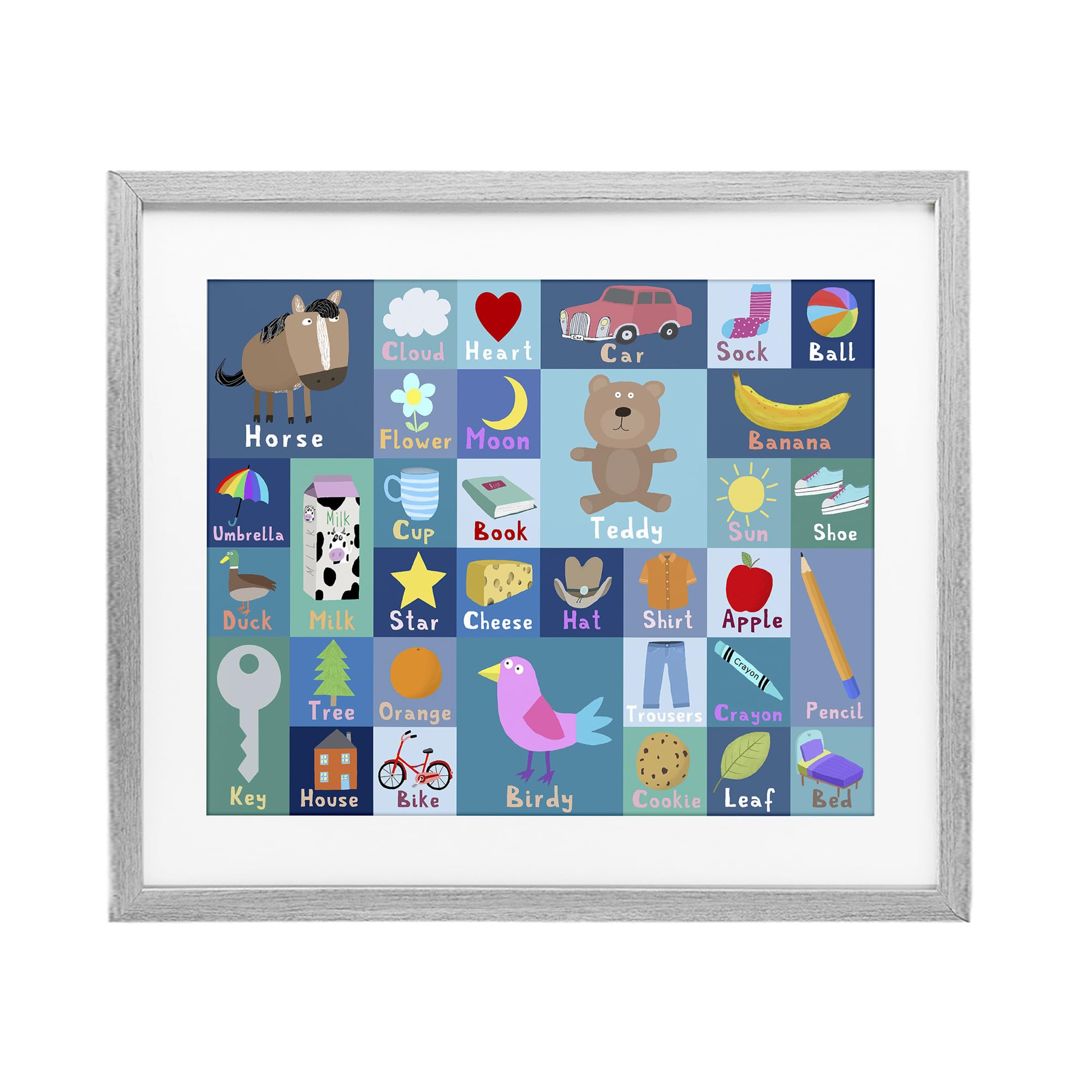 Stupell Industries Farmhouse Gray (Textured) 'Blue First Words'| Framed Print Under Glass