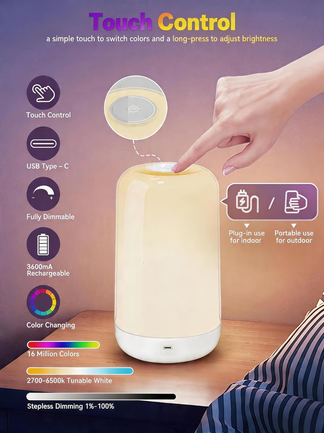Smart Touch Bedside Table Lamp [Multi-Color & Warm Lights], 3600mA Cordless Small Table Lamp Rechargeable, 7 Colors & Fully Dimmable LED Night Lights for Bedroom Nightstand Nursery Living Room