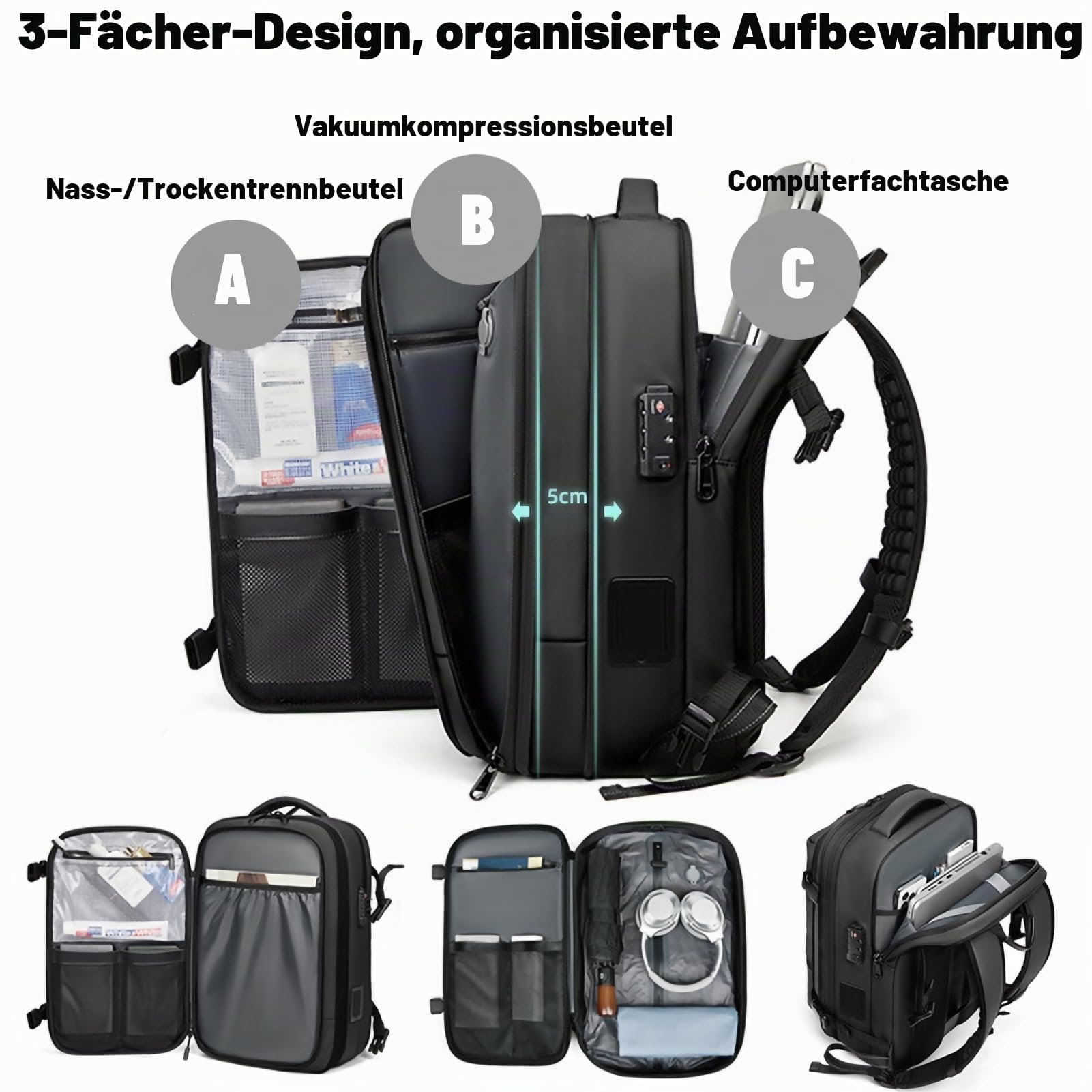 Bewinner Vakuum-Rucksack für Reisen, 30 L Erweiterbarer Reiserucksack, Wasserdichter Anti-Diebstahl-Vacpack, Rucksack mit Vakuumpumpe für Geschäftsreisen