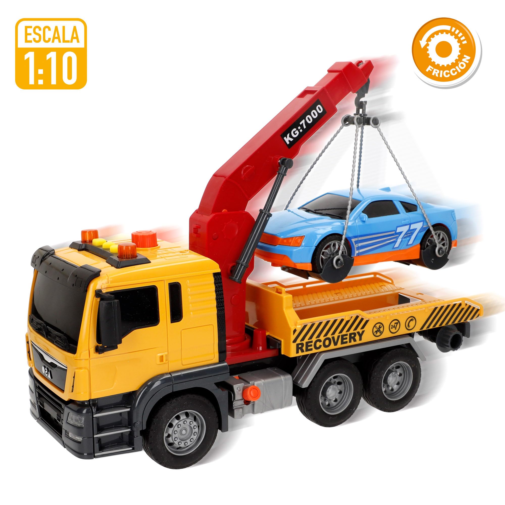 ColorBaby 39058 Speed & Go Camión grúa Juguete, con Luces y Sonidos, Brazo Extensible, Interactivo, Sistema de fricción, Escala 1:10, Coches para niños a Partir de 3 años