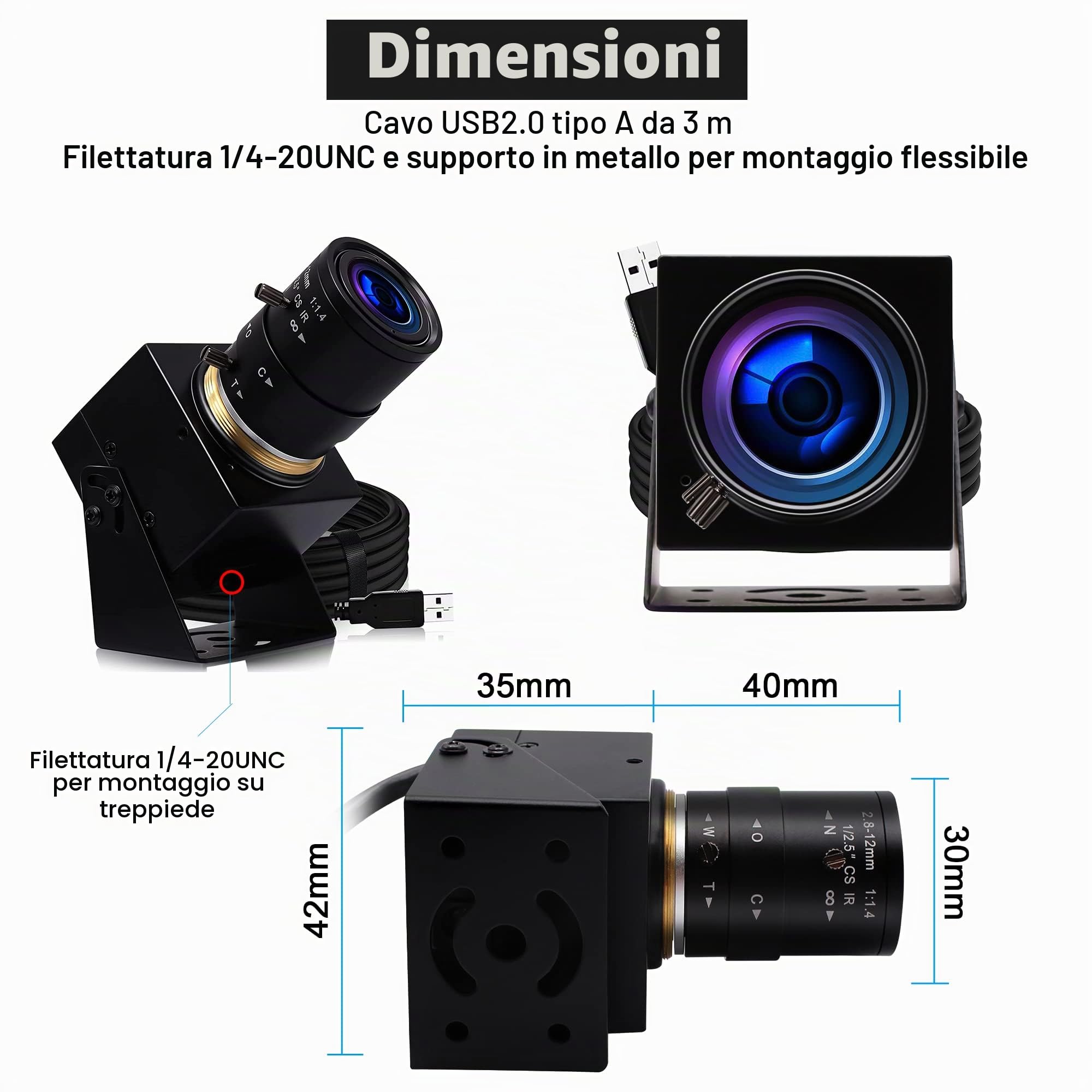 Svpro Zoom Webcam 8MP USB per PC Laptop Fotocamera esterna per computer con obiettivo varifocale da 2,8-12 mm Fotocamera UVC per montaggio su treppiede, su superficie e a parete