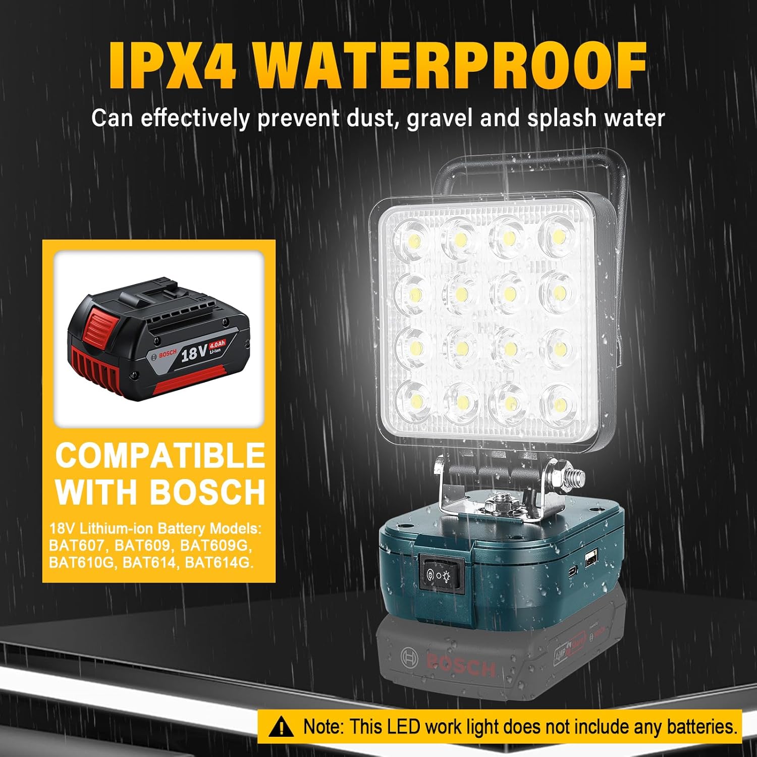Willpower Cordless Portable LED Work Light for Bosch 18V Battery, 4'' 48W LED Floodlight for Outdoor Job Site Camping Garage Lighting, Low Voltage Protection, USB & Type-C Charging Port (No Battery)