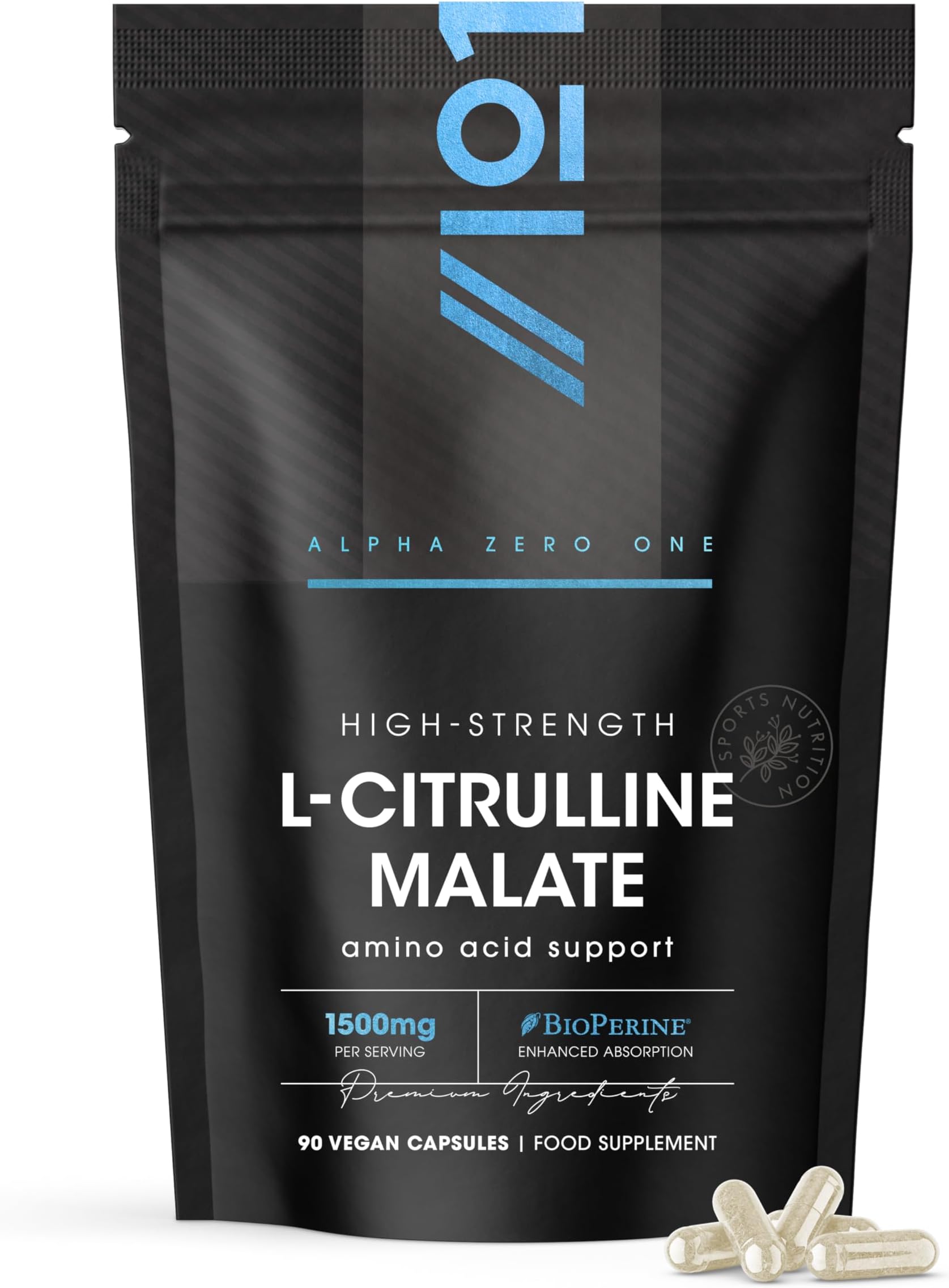 L-Citrulline Malate 1500mg with BioPerine® - 90 Vegan Capsules - High Strength Fermented Amino Acid Supplement - 45 Day Supply - Resealable and Recyclable Pouch by Alpha01