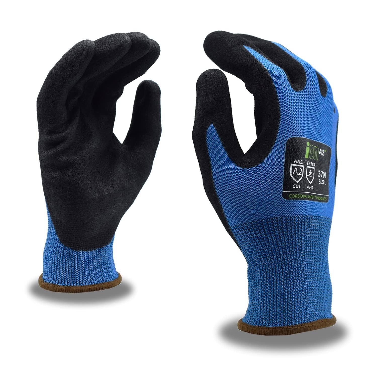 Cordova Ion A2 Gloves, Sapphire 13-Gauge HPPE Shell, Sandy Nitrile Palm Coating, ANSI Cut Level A2, Large