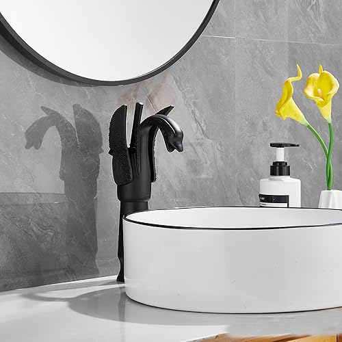 Miniatura 8 de GGStudy Mate Negro Cisne Forma Sola Manija 1 Agujero Baño Vessel Fregadero Grifo de Montaje en Cubierta Lavabo Grifo